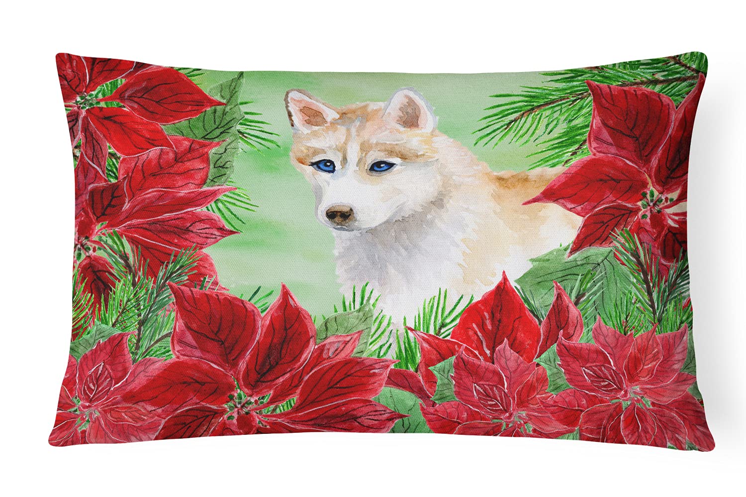 Siberian Husky Poinsettias Decorative Throw Pillow - Machine Washable Canvas Fabric Cushion for Sofa, Bed & Patio | Christmas Home Decor, Dog Lover Gift, Cozy Living Room & Outdoor Accent Pillow
