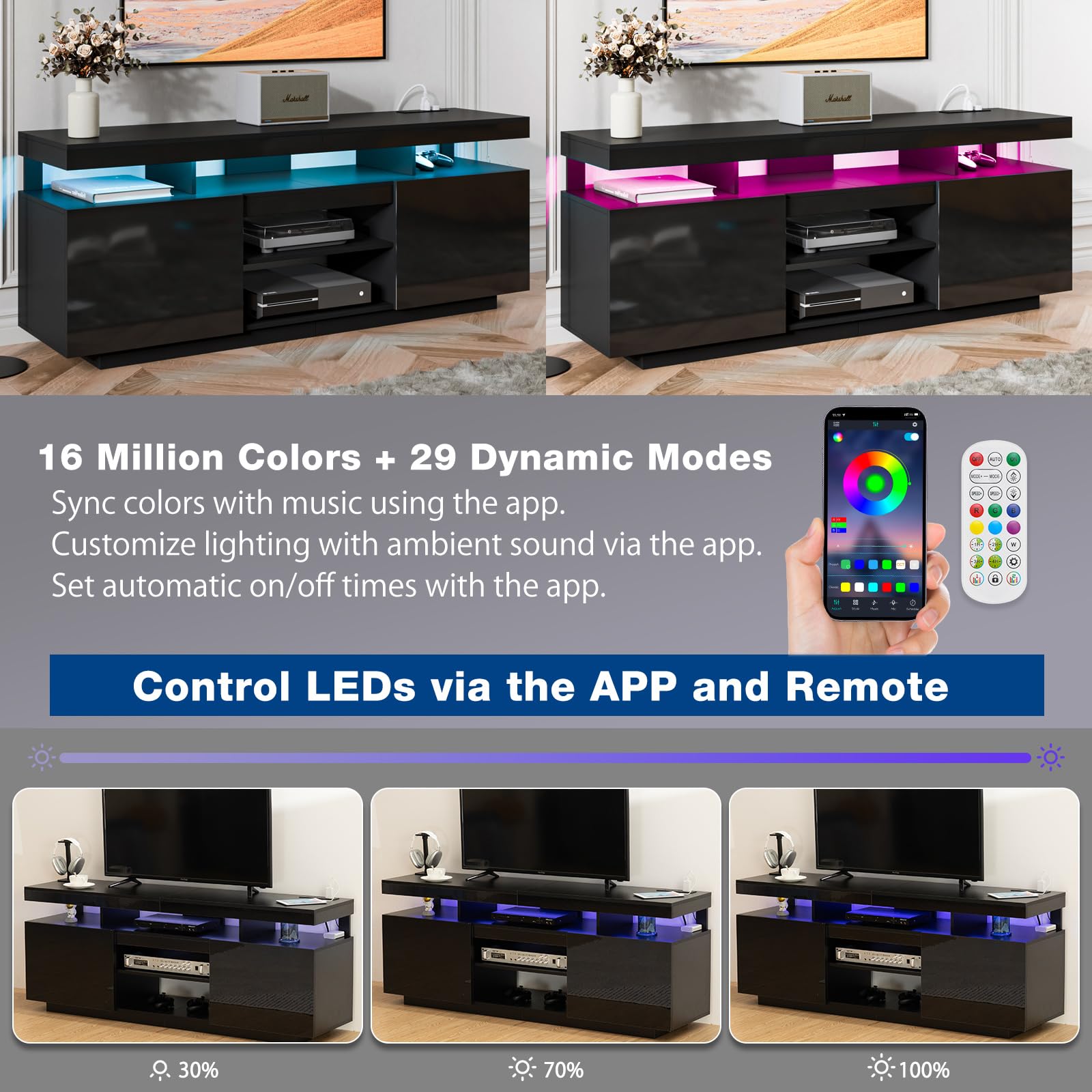 HOMMPA 75 Inch LED TV Stand - Modern Tall Entertainment Center with Power Outlets, High Gloss Black TV Console with Storage for Living Room & Bedroom - Perfect for Gaming & Media Storage - Fits 75/70/65/55 Inch TVs - Ideal for Home Theater & Family Entertainment Setup