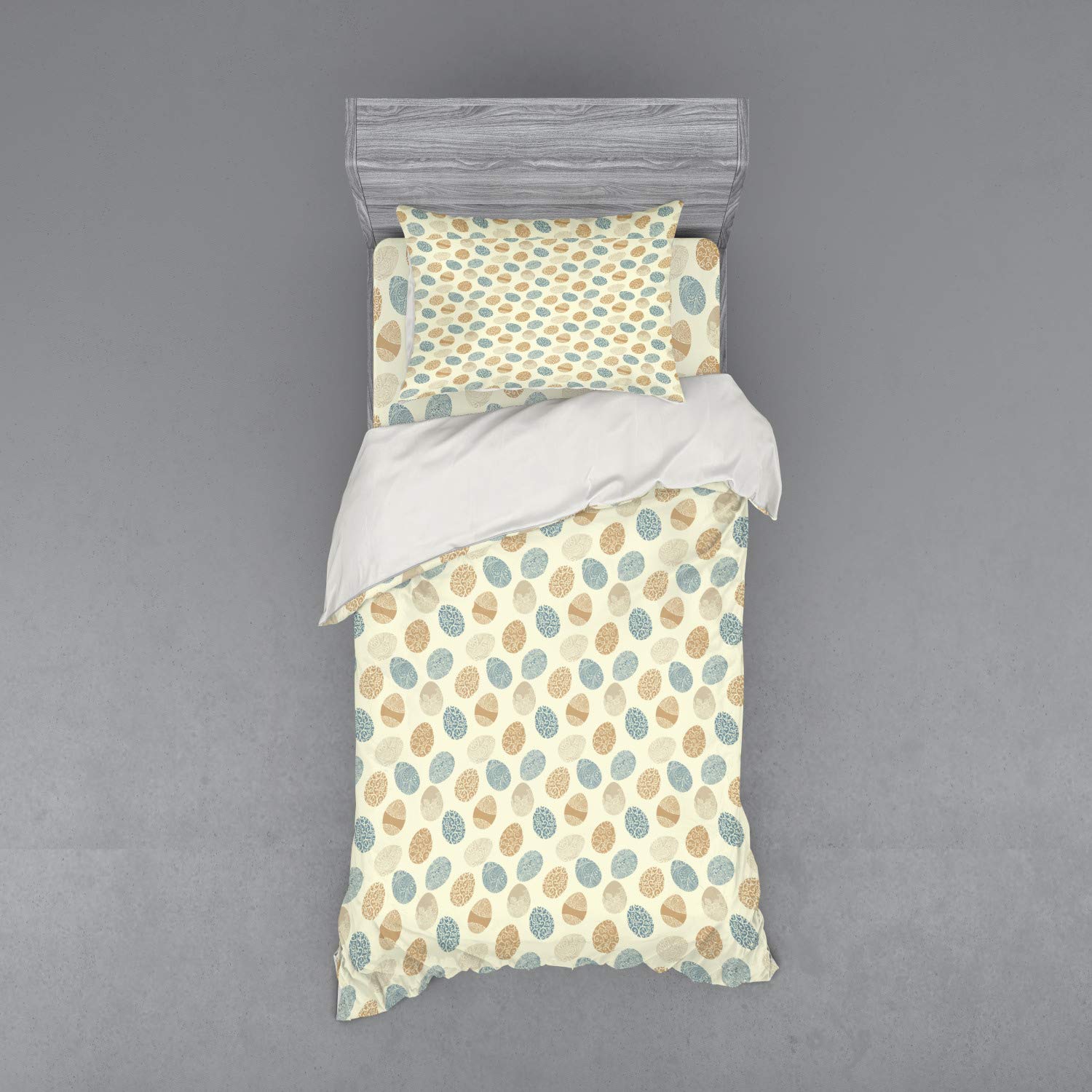 Ambesonne Easter Duvet Cover Set - 3 Piece Floral Bedding Set with Sham & Fitted Sheet, Twin XL Size, Pale Yellow Slate Blue Pale Brown - Perfect for Spring Bedroom Decor, Easter Celebrations & Cozy Home Styling