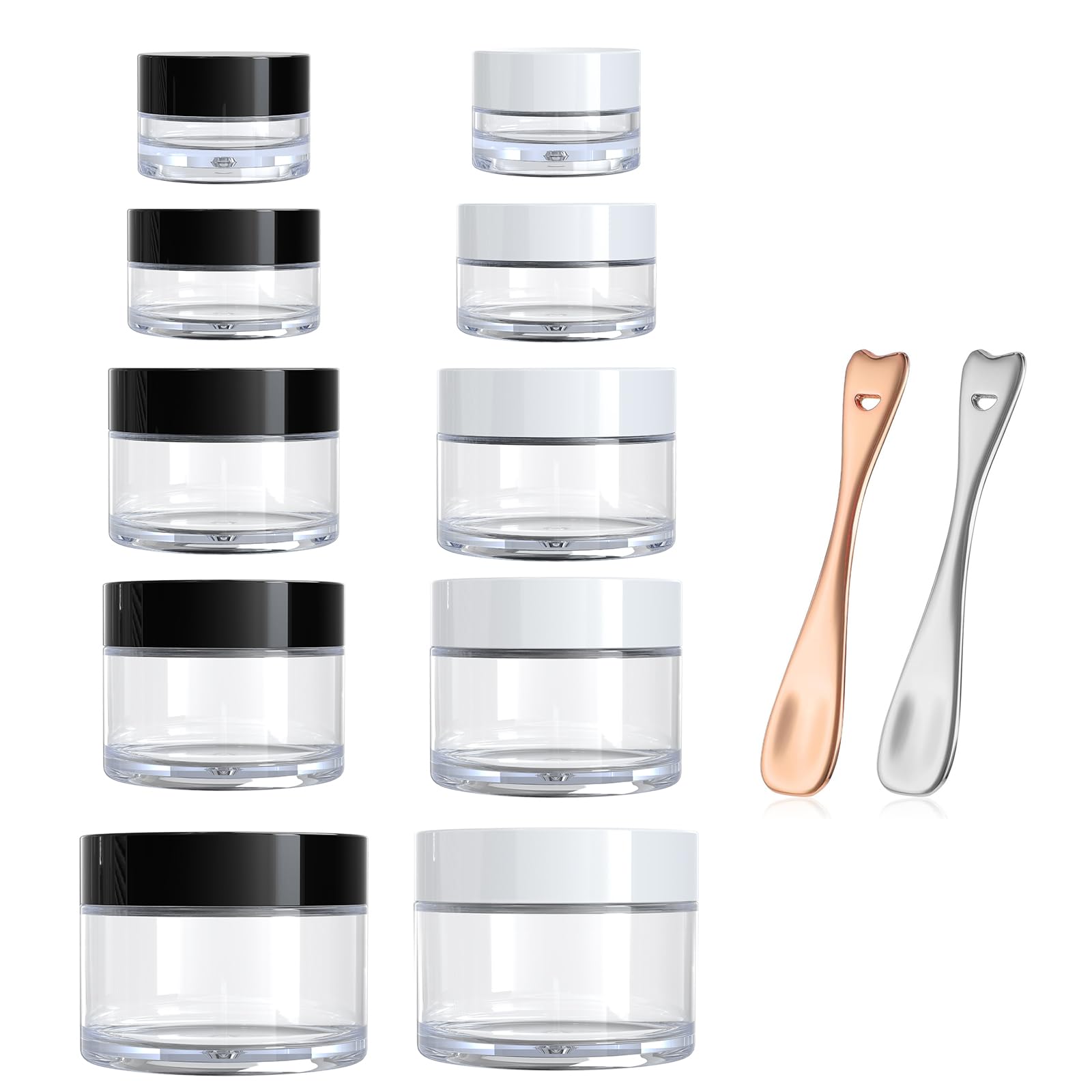 10-Piece Travel-Sized Toiletry Containers Set - 5 Sizes (0.17/0.33/0.5/0.67/1 oz) Leak-Proof Mini Makeup Jars with Lids - Includes 2 Mini Spatulas - Perfect for Travel, Skincare Routine & Gift Giving (2 Color Options)