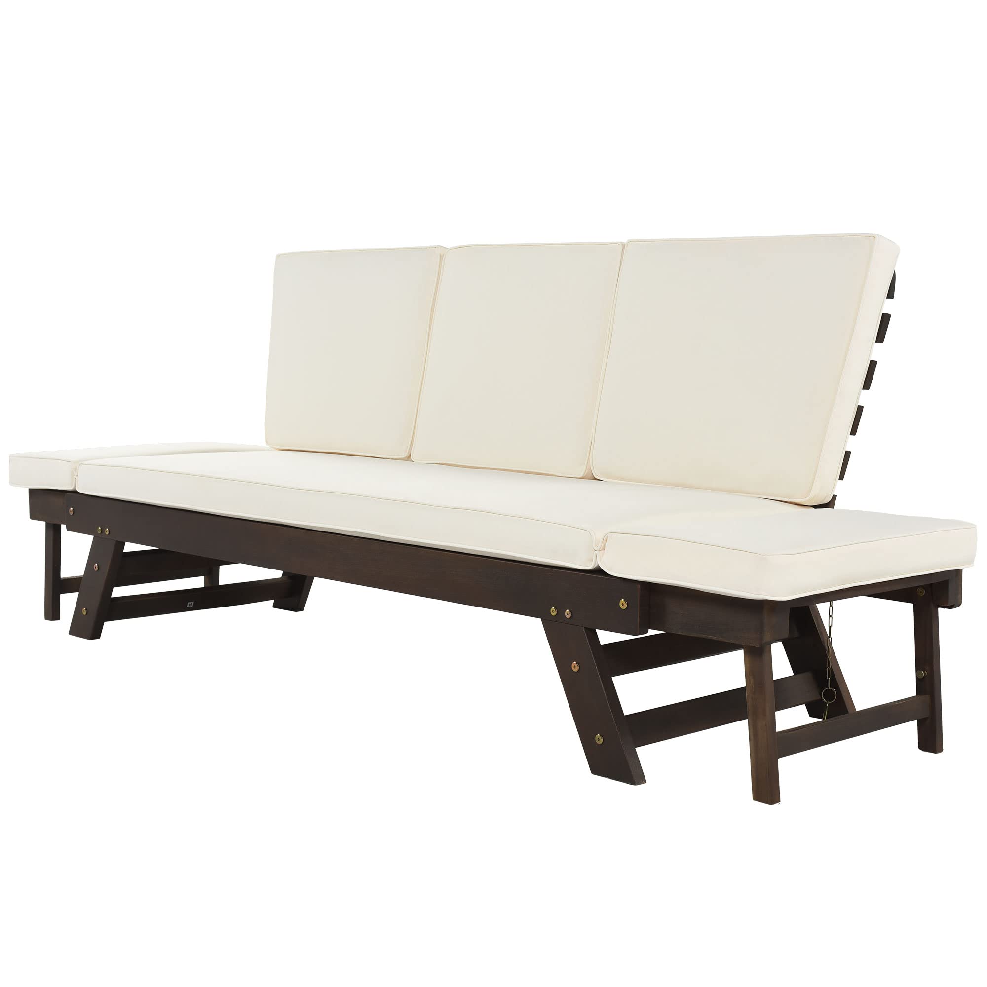 Merax Outdoor Patio Sofa Loveseat Chaise Lounge - Expandable Wooden Daybed with Gray Cushions for Small Spaces, Beige - Perfect for Balcony, Garden, or Poolside Relaxation