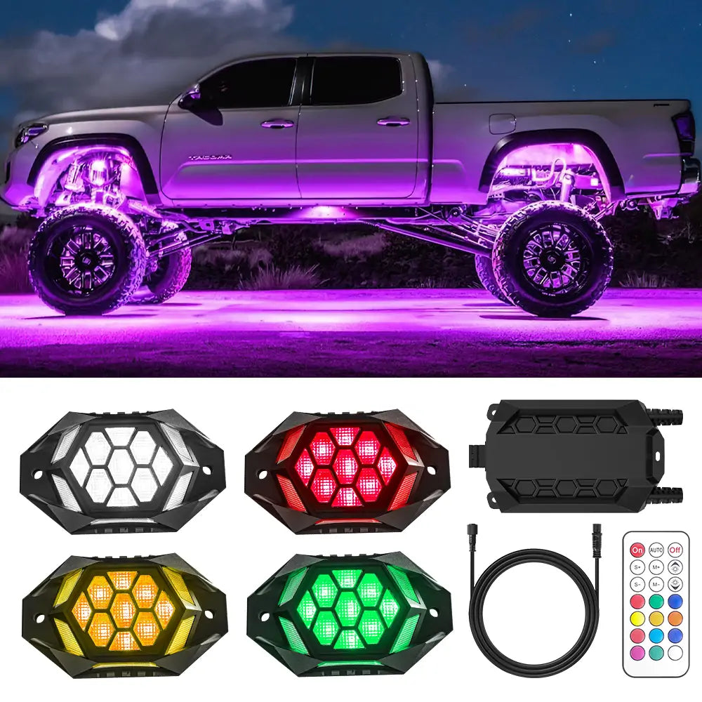 4 Pods RGBW LED Rock Lights - LOYO Upgraded Multicolor Underglow Neon Lights with Bluetooth Controller & Music Sync | Perfect for Off-Road Trucks, Jeeps, ATVs & Car Customization