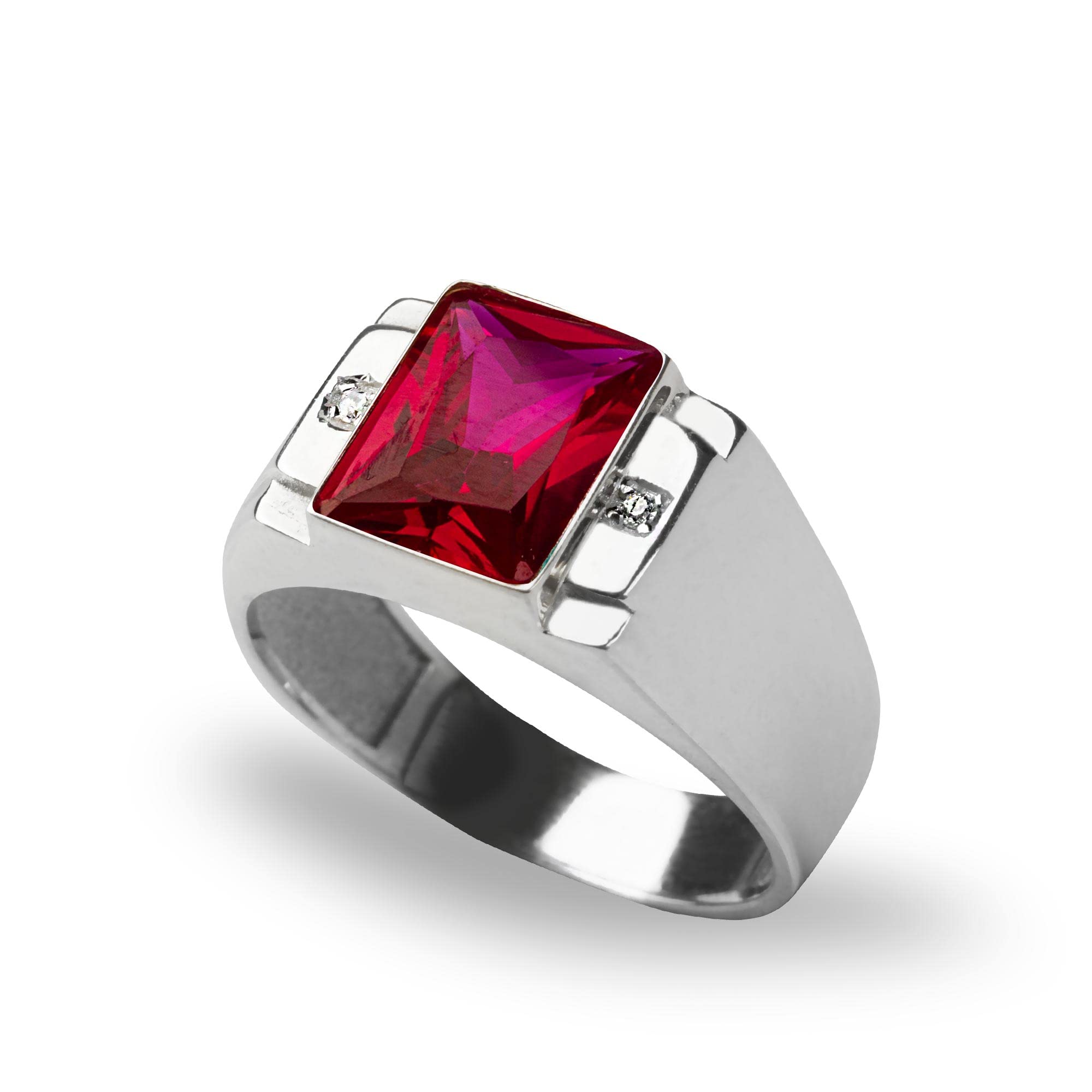 Blake's Sterling Silver Men's Ring with 2 Diamond Accents & Baguette Sapphire/Emerald/Ruby/Citrine/Amethyst/Topaz Options - Size 5-15 - Luxury Men's Jewelry Gift for Anniversary, Wedding, Birthday & Special Occasions