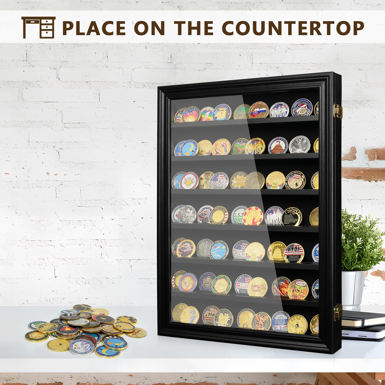 7 Rows Military Challenge Coin Holder Wall Display Case with HD Tempered Glass – Holds 100 Coins, Medal Display Cabinet Rack Shadow Box with Removable 2-Groove Shelves for Casino Poker Chips, Black - Perfect for Home, Office, Military Barracks, and Collectors' Showcase
