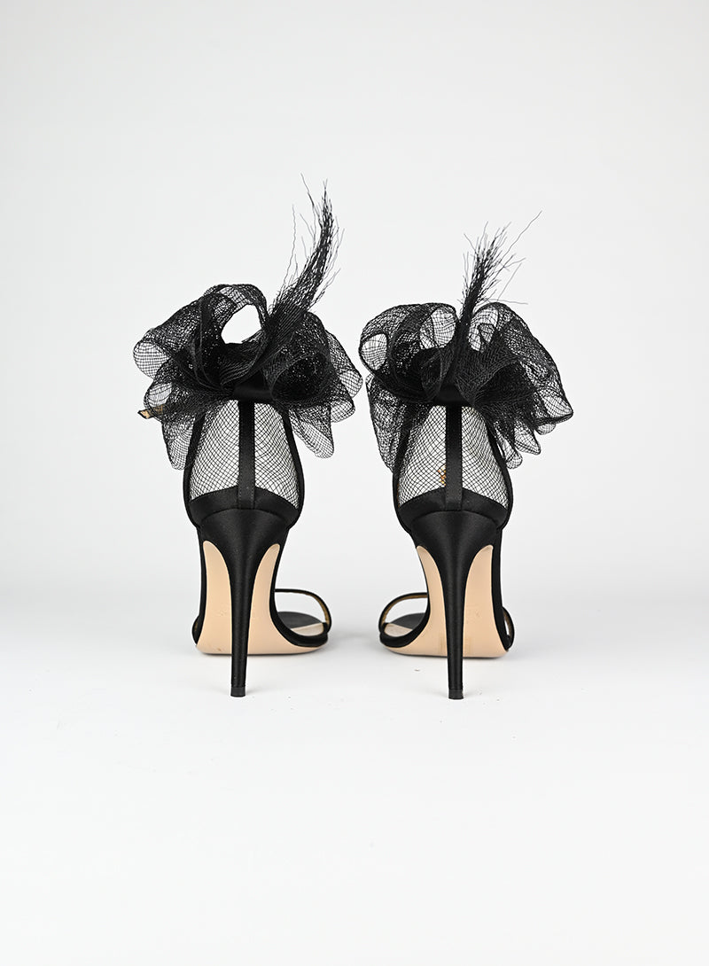 Valentino Black Satin Sandals with Flower Detail - Size 37 | Elegant Women's Dress Sandals for Weddings & Special Occasions