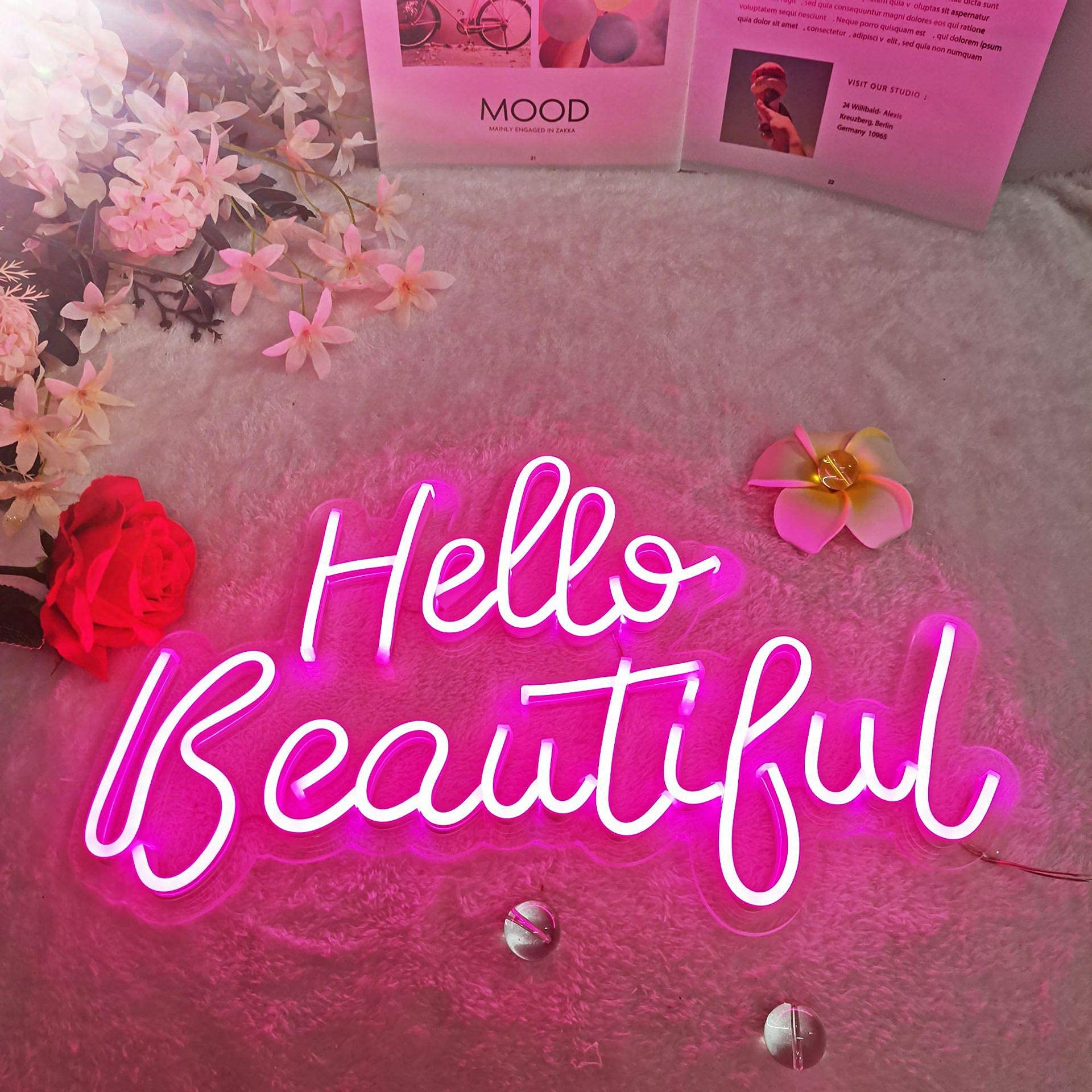 Custom Neon Sign - Hello Beautiful LED Flex Transparent Acrylic Letter Board with Backlight | 3D Personalized Neon Wall Decor for Bedroom, Bar, Pink Room & Home Decor | Perfect for Parties, Weddings & Commercial Spaces