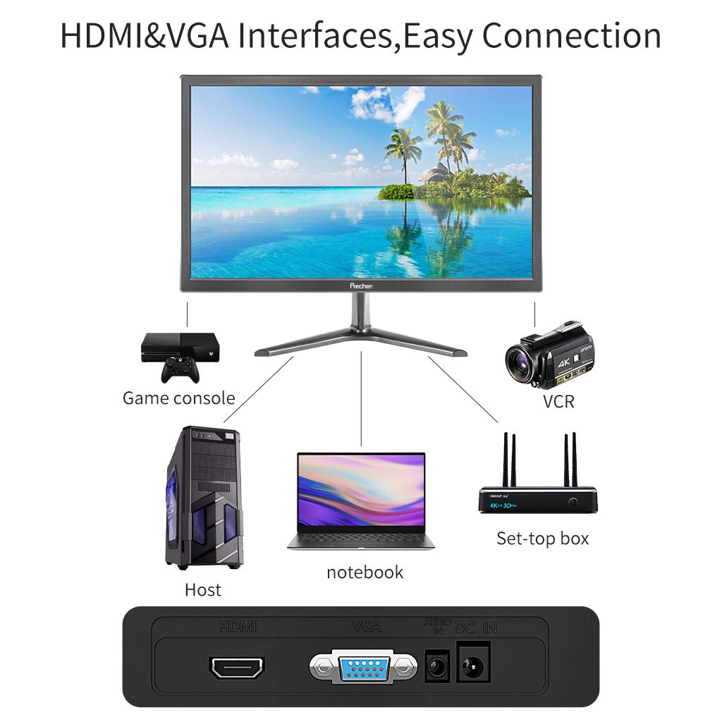 Prechen 19 Inch PC Monitor - 1440x900 Resolution, HDMI & VGA Ports, 60Hz Refresh Rate, 250cd/m² Brightness, 5ms Response Time, Built-in Speakers - Ideal for Home Office, Gaming & Multimedia (Black)