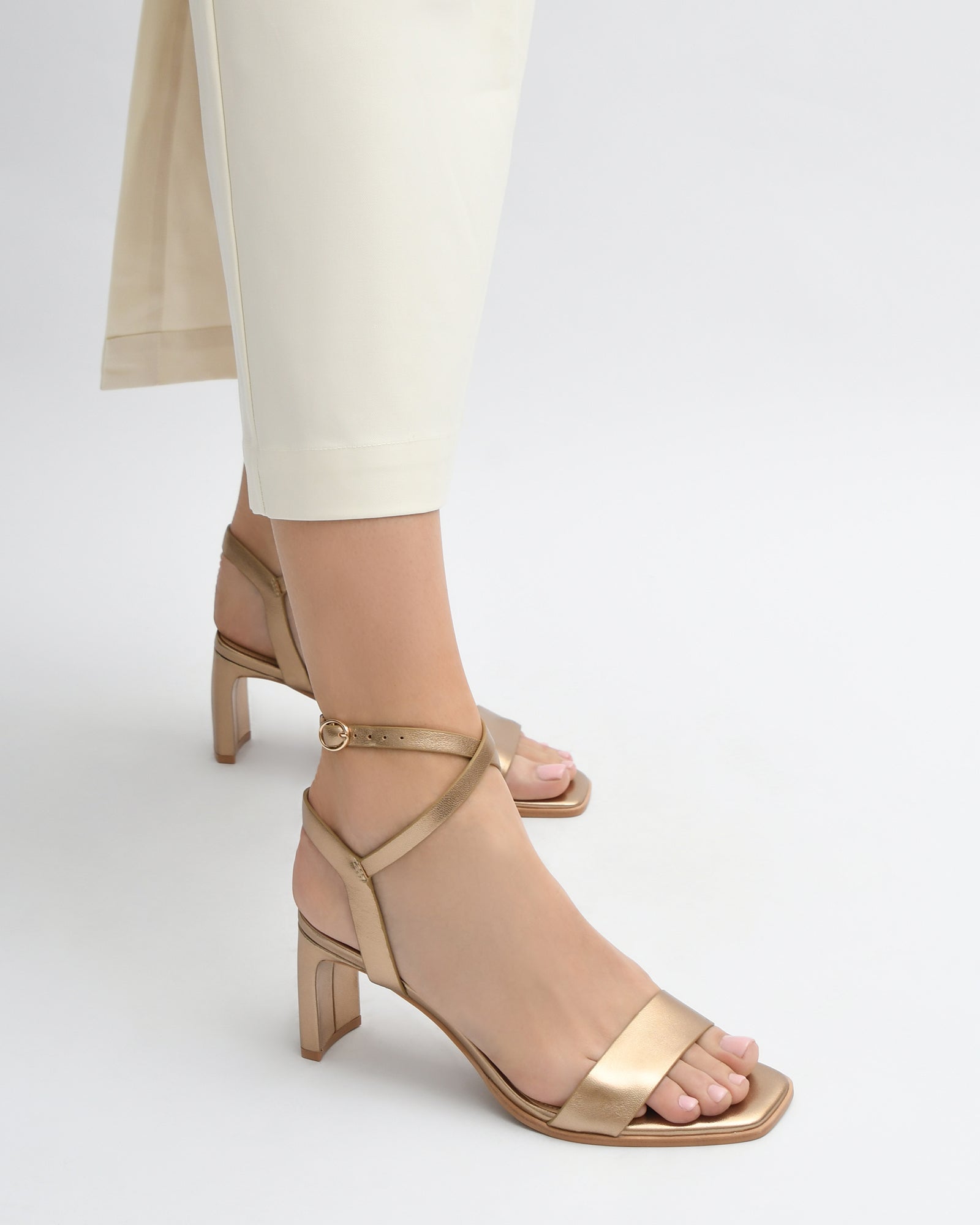 NATSU Women's Mid Heel Sandals - Soft Gold Genuine Leather Comfortable Summer Dress Shoes for Beach, Wedding & Party Occasions