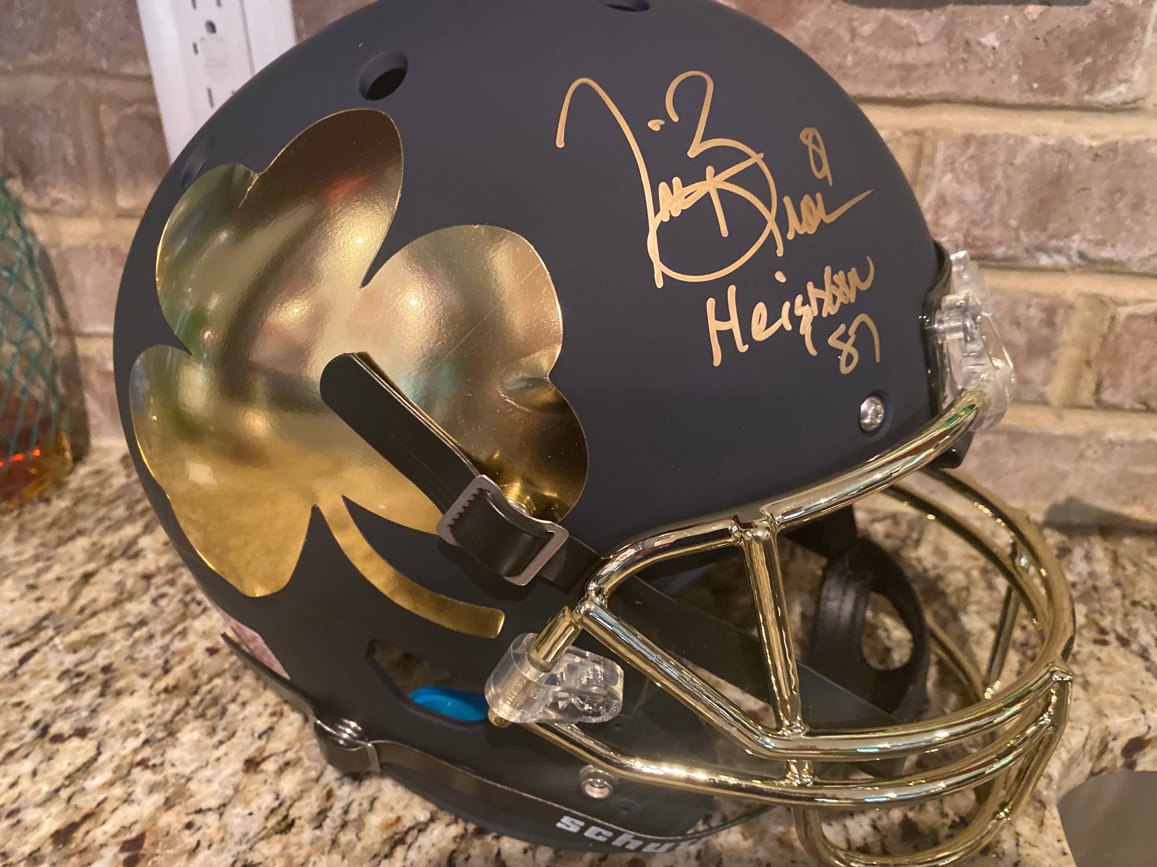 Tim Brown Autographed Notre Dame Fighting Irish Matte Blue Schutt Tradition Full Size Replica Football Helmet with 1987 Heisman Trophy Inscription - Perfect for Sports Memorabilia Collectors and Notre Dame Fans Display