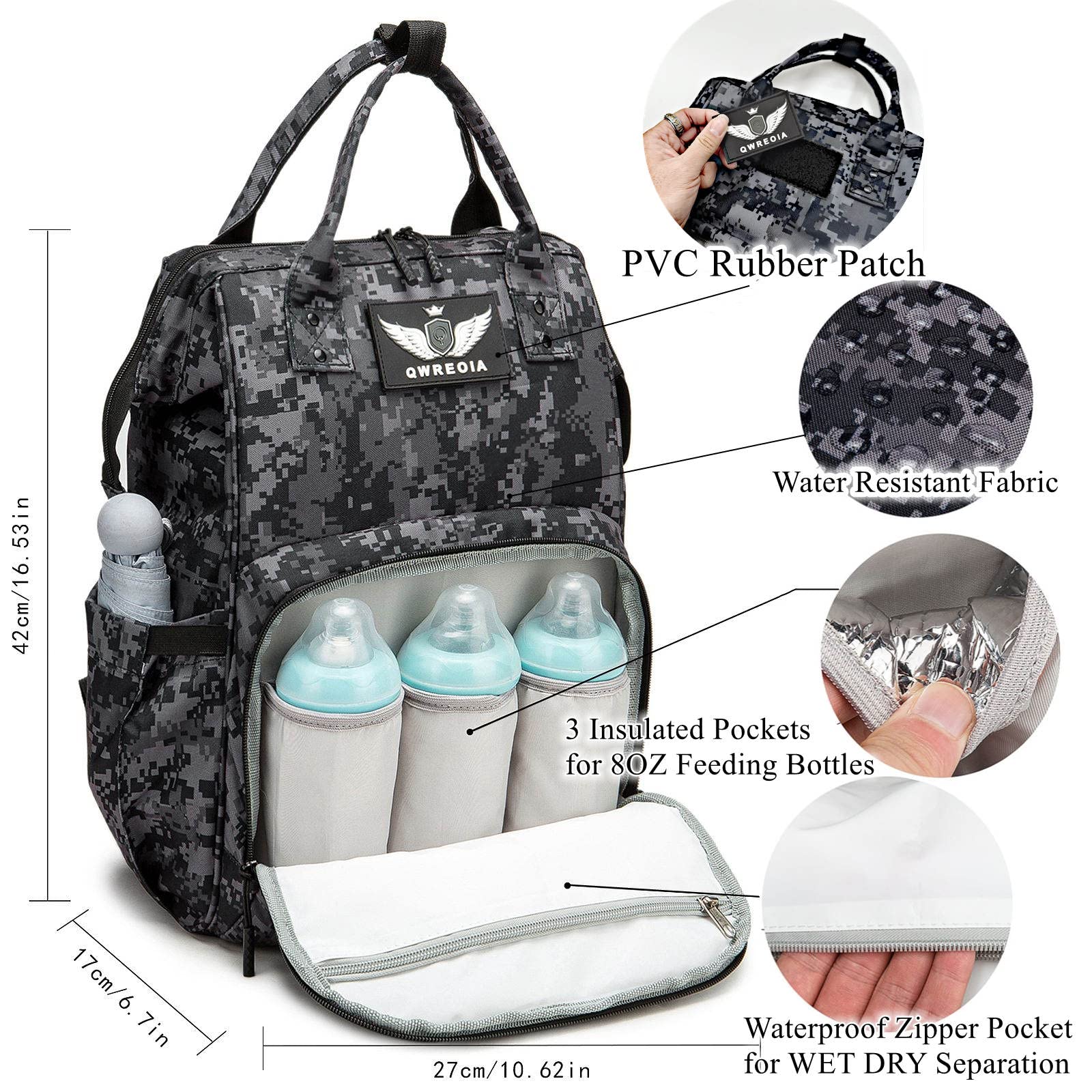 QWREOIA Diaper Bag Backpack with USB Charging Port, Stroller Straps & Insulated Pocket - Military Style Baby Changing Bag for Parents (Black Camo) - Perfect for Travel, Daycare & Family Outings
