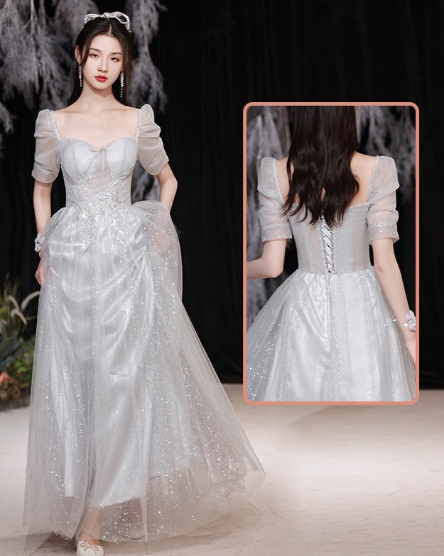 Elegant Gray A-Line Long Prom Dress - Shiny Formal Evening Gown for Bridesmaids & Special Occasions | Perfect for Homecoming, Weddings & Black Tie Events