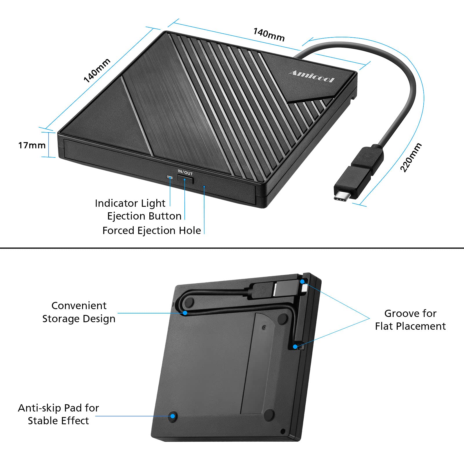 Amicool Slim Portable External DVD Drive USB 3.0 & USB-C - CD/DVD +/-RW Burner Writer for Laptop, PC, MacBook - Compatible with Windows 10/8/7, Mac OS, Linux - Black | Perfect for Watching Movies, Burning CDs, Installing Software & Backing Up Data