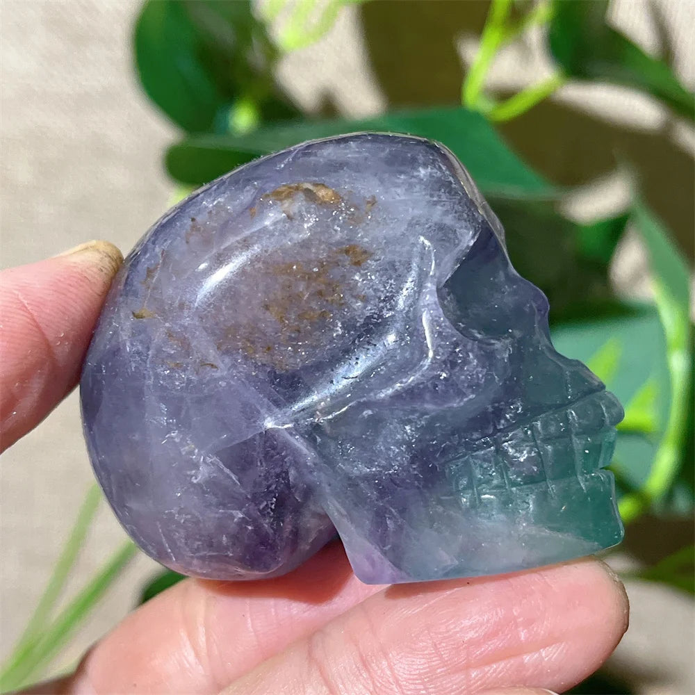 Natural Green and Purple Fluorite Crystal Skull Carving - Healing Stone, Quartz Mineral Gemstone for Spiritual Crafts, Home Decor, Meditation & Energy Work