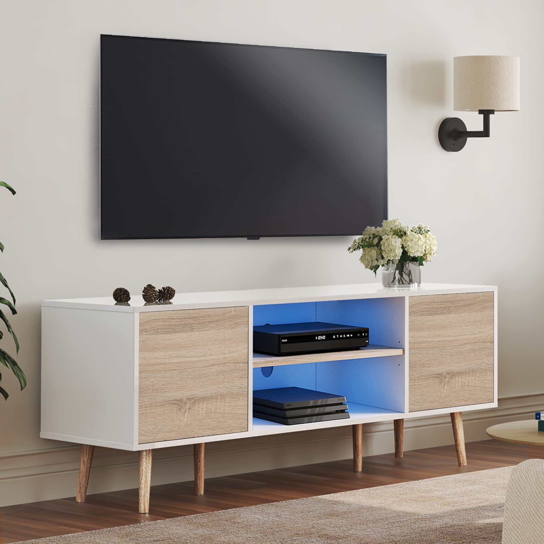 WAMPAT 60 Inch Mid-Century Modern TV Stand - Wood Media Console with Storage for Flat Screen TVs, White & Oak Entertainment Center - Perfect for Living Room, Bedroom & Home Theater Setup