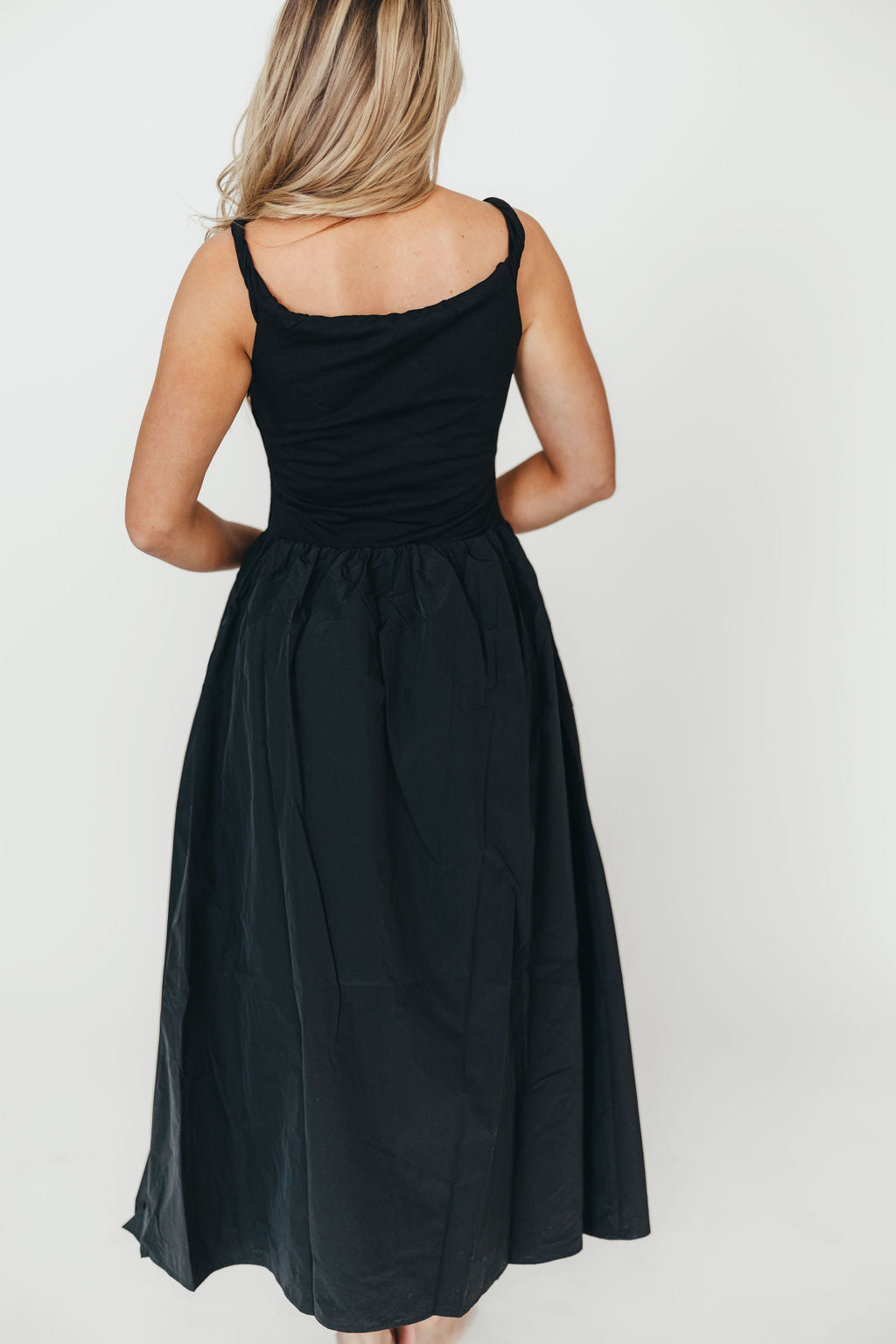 Elegant Bethany Off Shoulder Midi Dress in Black - Perfect for Date Night, Cocktail Parties & Summer Weddings