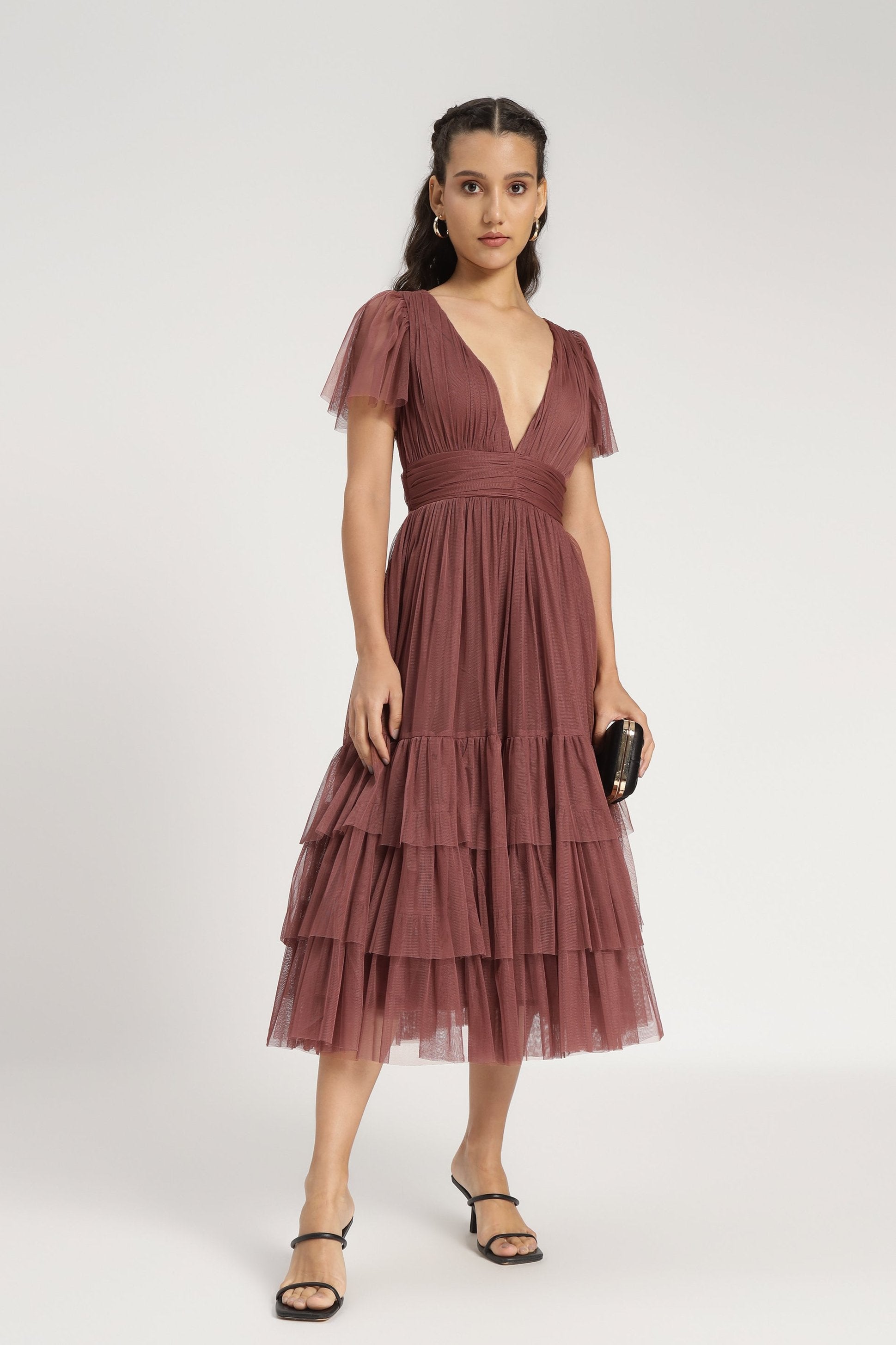 Madison Rose Brown Tulle Bridesmaid Midi Dress - Elegant Tea-Length Formal Gown for Weddings, Prom & Special Occasions