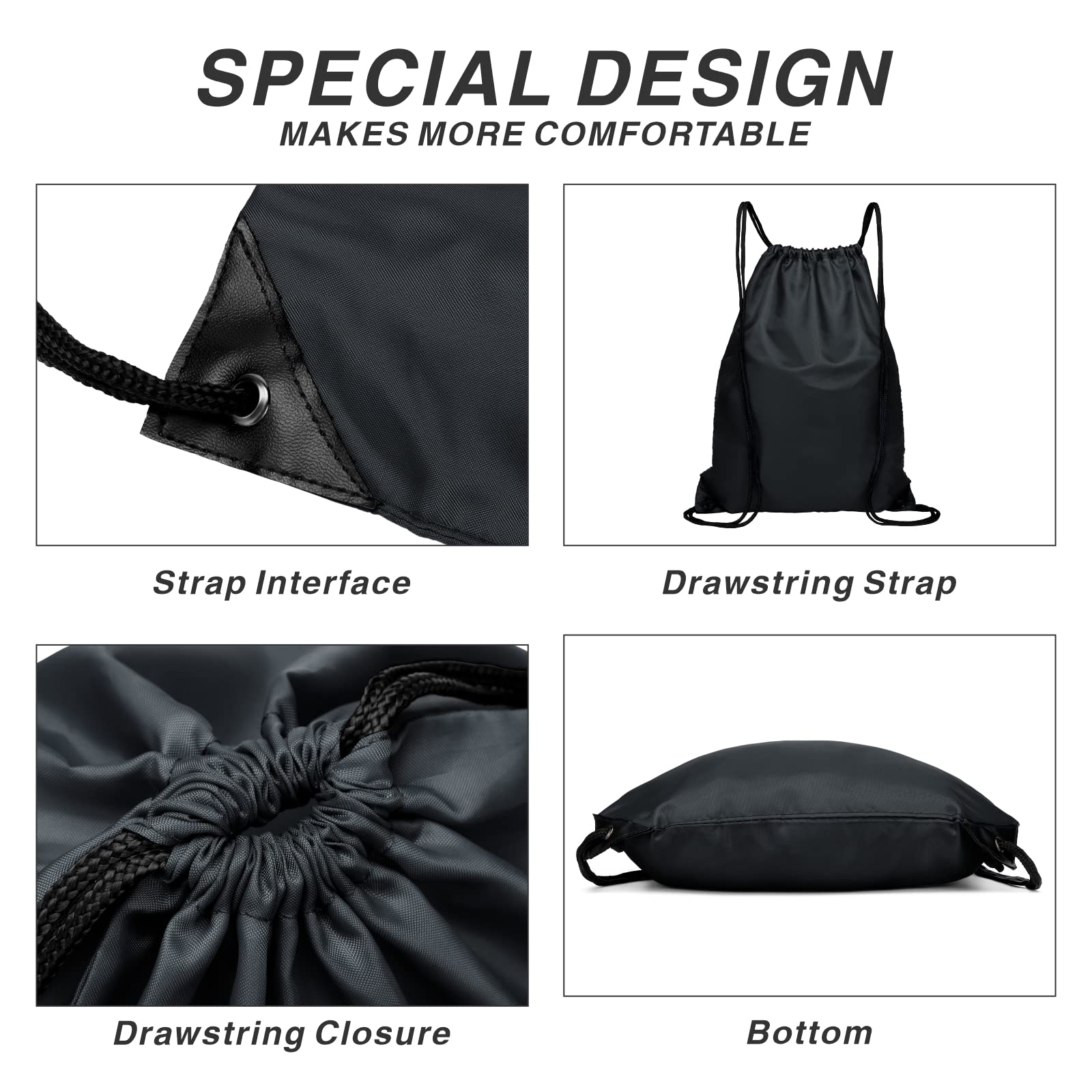 Lightweight Drawstring Backpack - 210D Nylon Foldable Gym Bag with Zipper Side Pocket for Men & Women | Perfect for Sports, Travel & School (Black)