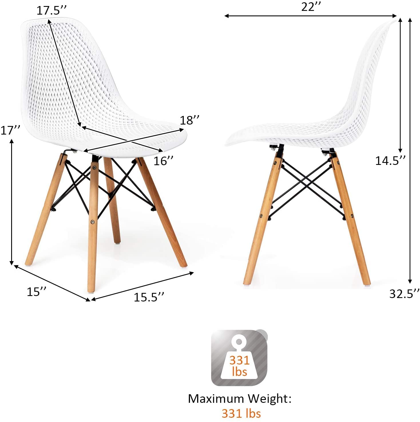 Modern Moccha Set of 4 Dining DSW Chairs with Beech Wood Legs & Mesh Design - Shell PP Lounge Side Chairs for Dining Room, Living Room, Kitchen - Perfect for Home Decor, Small Spaces & Entertaining Guests (White)