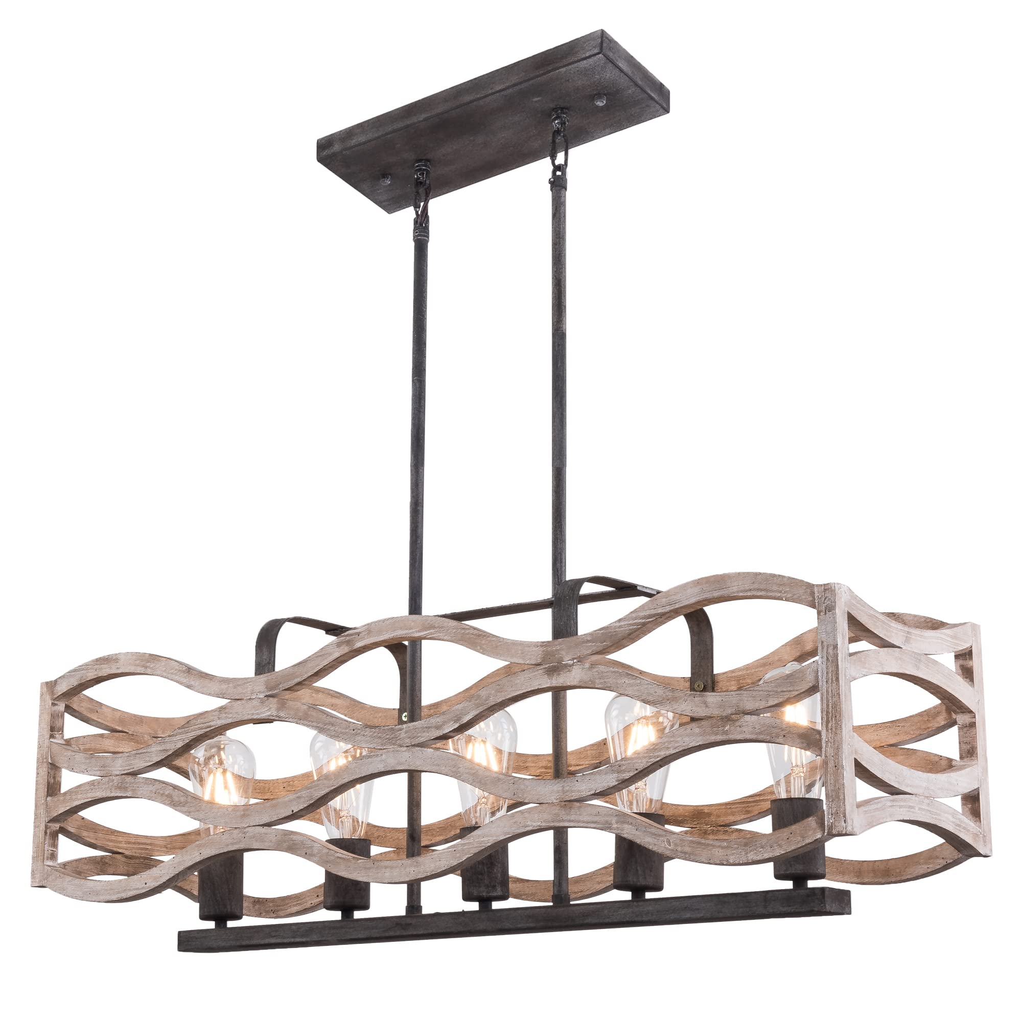 Chords Attic 5-Light Rectangular Farmhouse Chandelier - Weathered Wood Kitchen Island Pendant Lighting for Dining Room & Modern Farmhouse Decor | Perfect for Kitchen, Dining Area, and Rustic Home Interiors