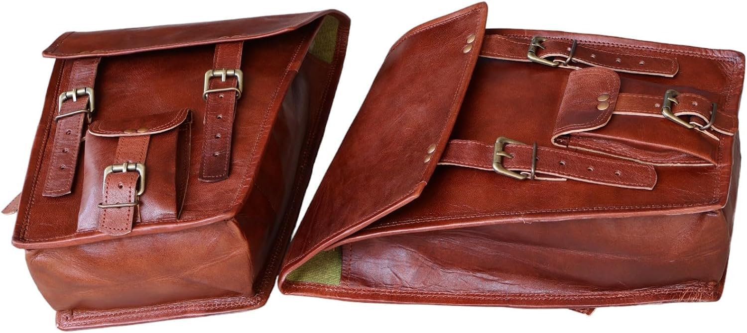 2 Pack Genuine Leather Motorcycle Saddle Bags - Waterproof Bike Shoulder Bag & Tool Pouch for Harley, Cruiser - Brown Handlebar Sissy Bar Travel Accessories (Ideal for Road Trips, Camping & Daily Commute)