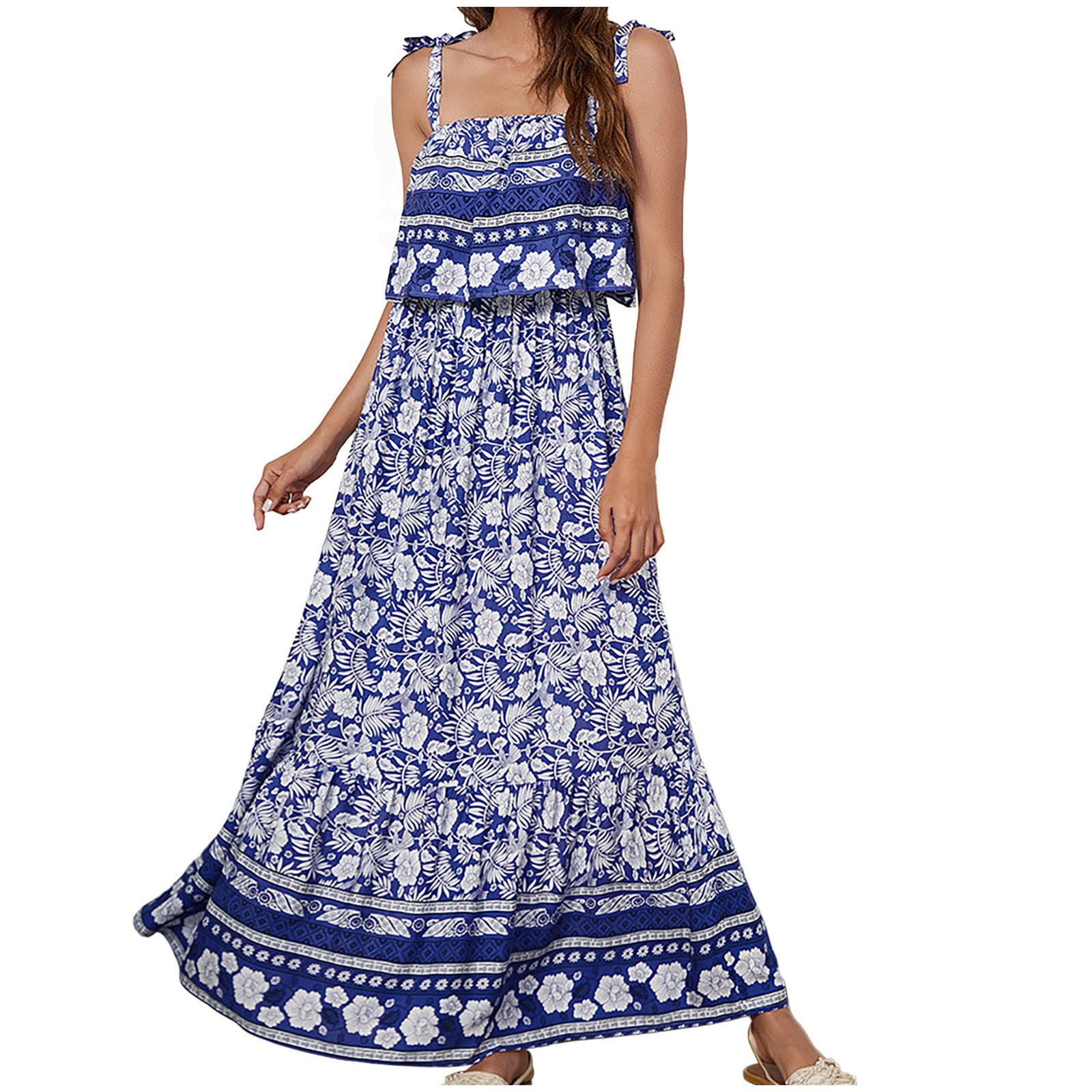 Bohemian Maxi Dress for Women - Flowy Summer Long Dress with Tie Straps, Casual Boho Print Swing Dress | Perfect for Beach Vacations, Music Festivals & Boho Chic Outfits
