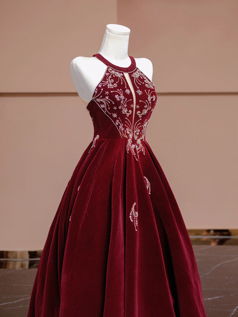 Elegant A-Line Velvet Beads Sequin Burgundy Long Prom Dress - Formal Evening Gown for Homecoming, Wedding, Ballroom Dance & Special Occasions