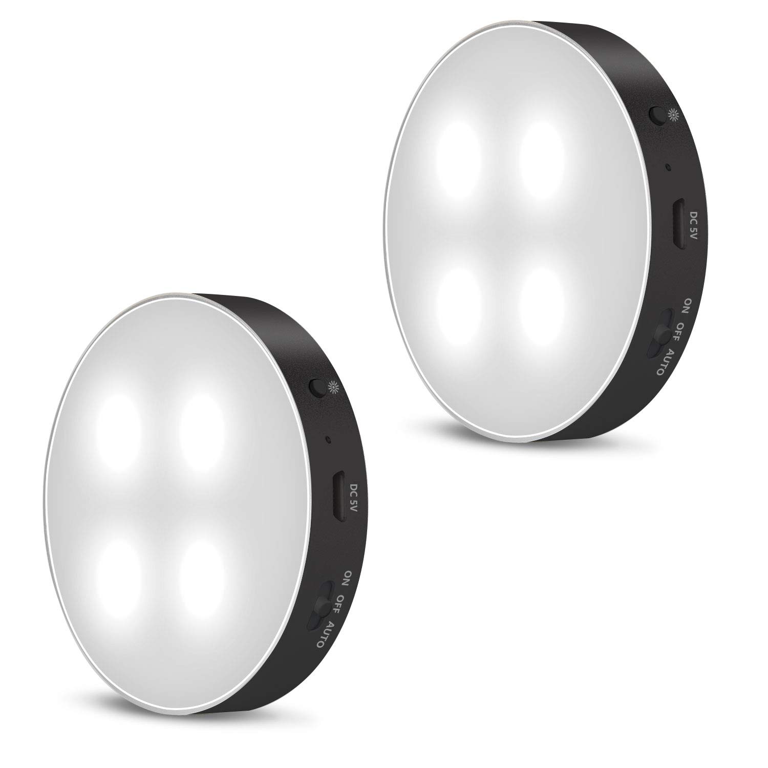 Rechargeable Motion Sensor LED Night Light for Closet, Hallway, Bathroom, Bedroom & Kitchen - Energy Saving Round Black Nightlight (2 Pack) - Perfect for Kids Rooms, Stairs Safety & Elderly Care at Night