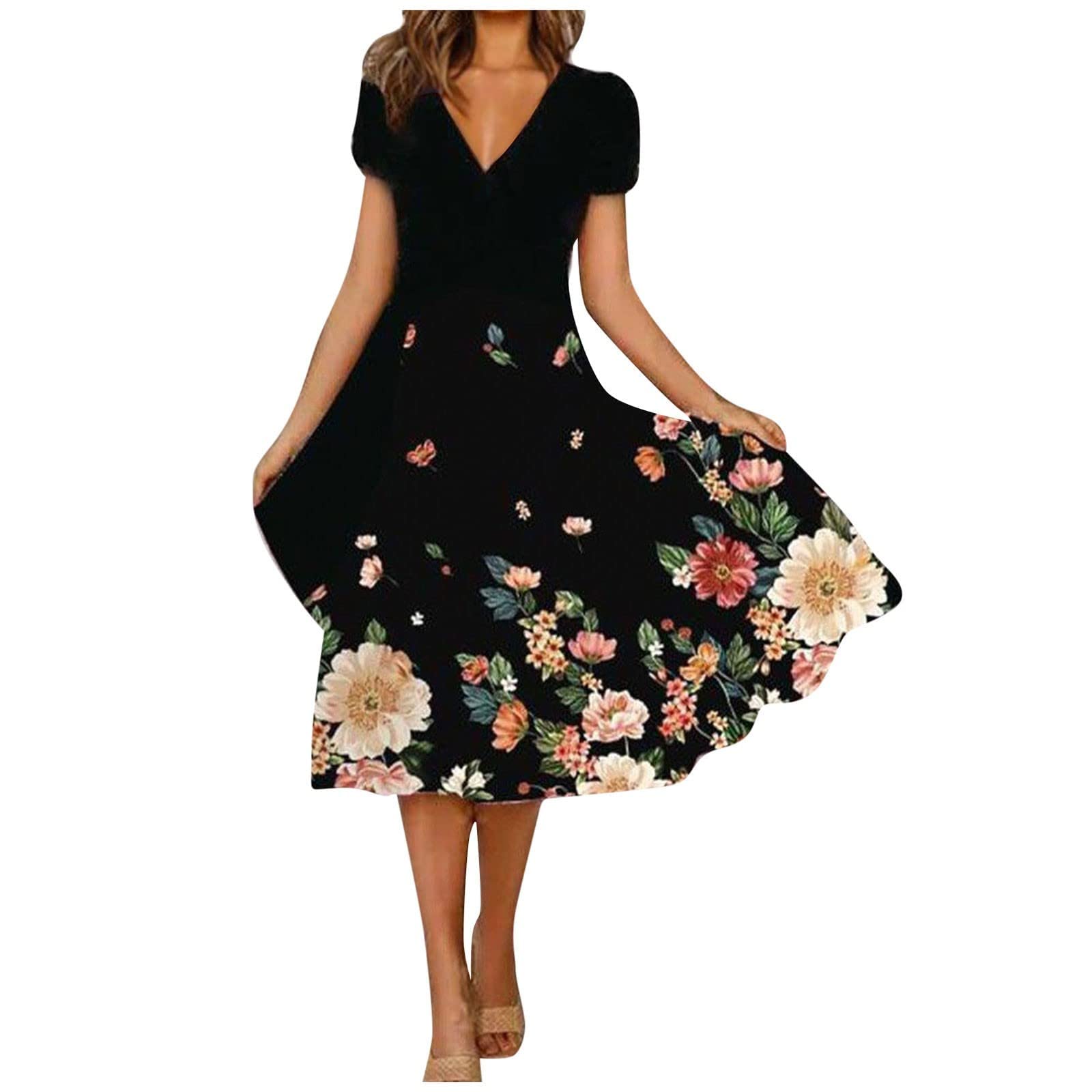 Women's Floral Boho Midi Dress - 2024 Summer Casual Short Sleeve Smocked V-Neck Sun Dress for Beach, Vacation & Outdoor Activities
