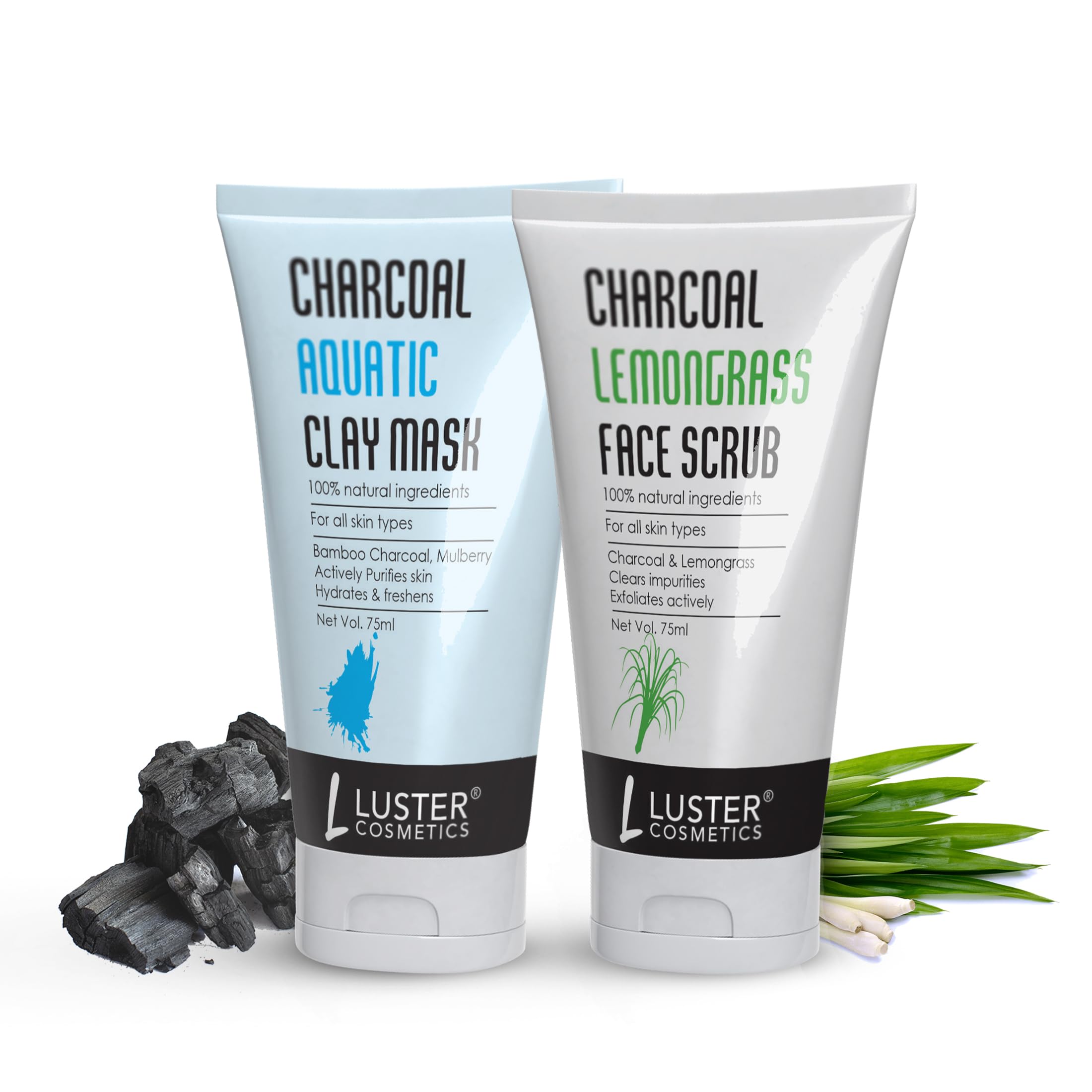 Luster Cosmetics Charcoal Aquatic Clay Mask & Charcoal Lemongrass Face Scrub Set - 75ml (2 Pack) | Deep Cleansing Pore Treatment for Oily & Acne-Prone Skin | Spa Day & Self Care Routine