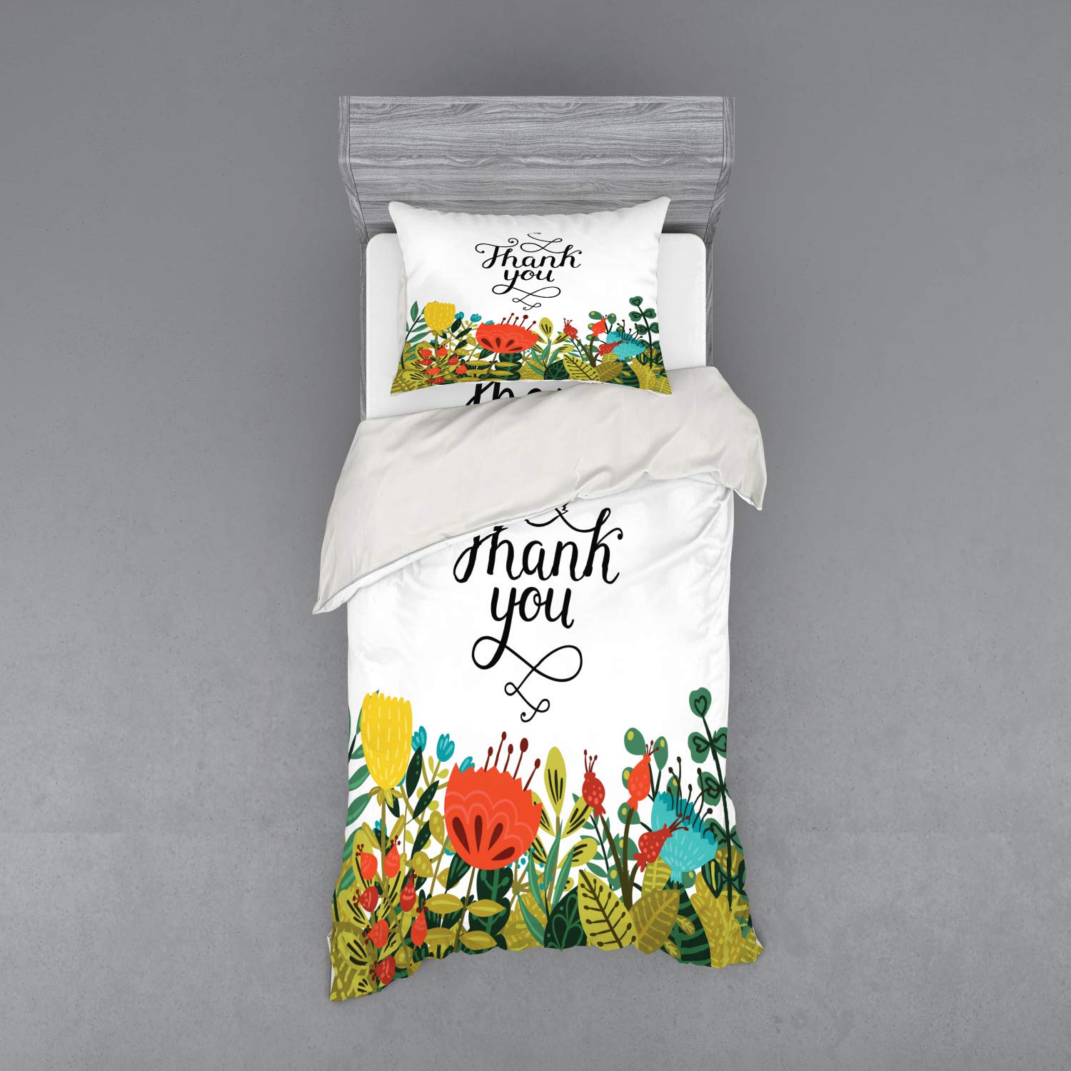 Ambesonne Floral Bedding Set 3-Piece Duvet Cover with Sham & Fitted Sheet - Twin XL Size, Handwritten Thank You Words with Botanical Flowers & Leaves Design - Perfect for Guest Rooms, Dorm Decor & Cozy Bedroom Makeover