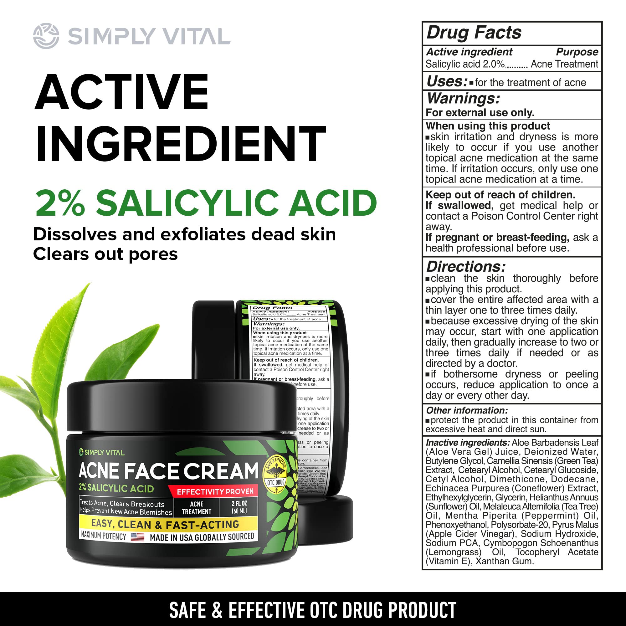 Fast-Acting Acne Treatment Cream for Stubborn Pimples, Blackheads & Whiteheads - Made in USA | Soothing Moisturizer for Inflammation Relief & Acne Scar Prevention (2oz) - Perfect for Daily Skincare Routine & Teen/Adult Acne Care