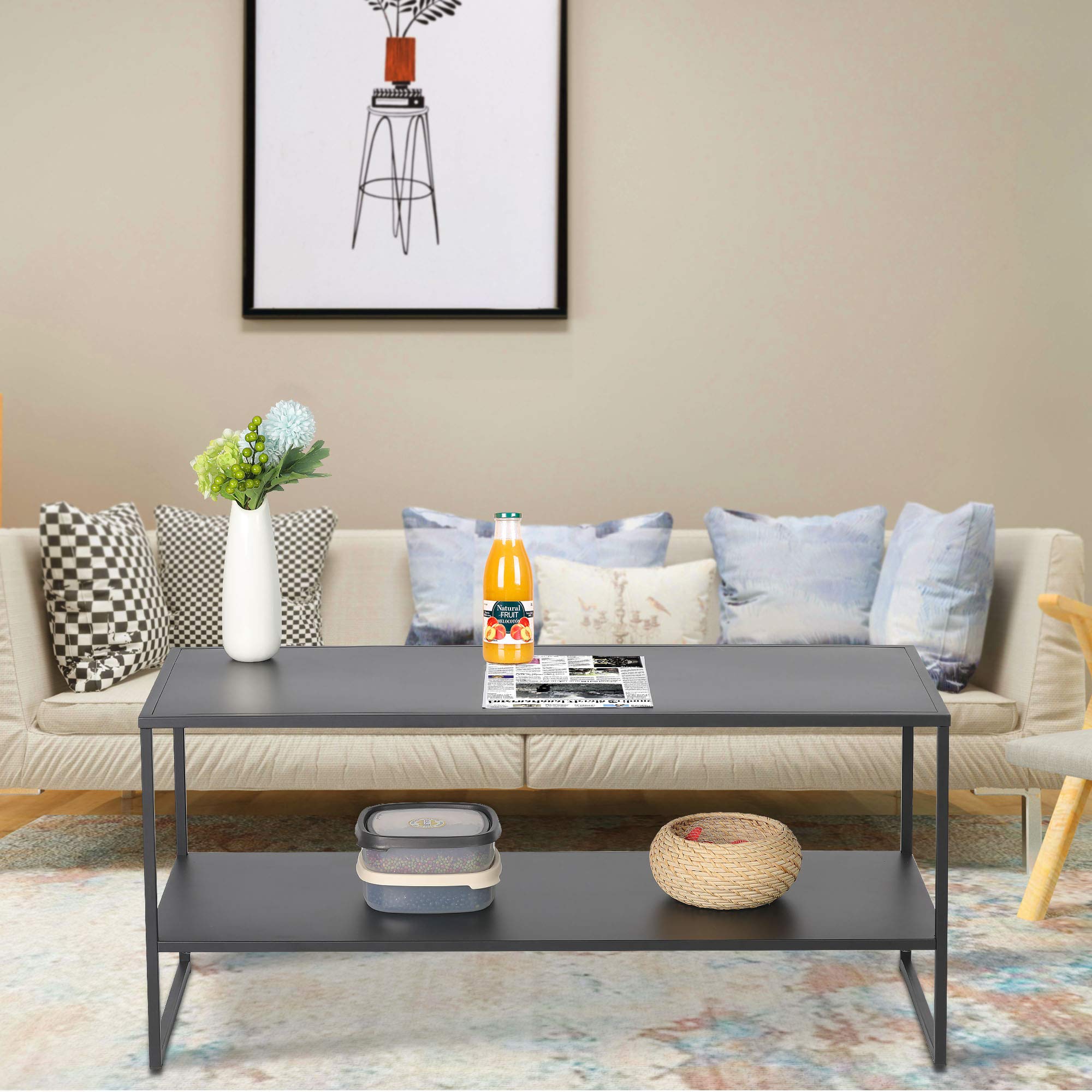 Industrial Coffee Table with Anti-Scratch Surface - 2-Tier Black Cocktail Table for Living Room, Modern Home Decor & Small Space Furniture - Perfect for Apartments, Dorms & Lounge Areas
