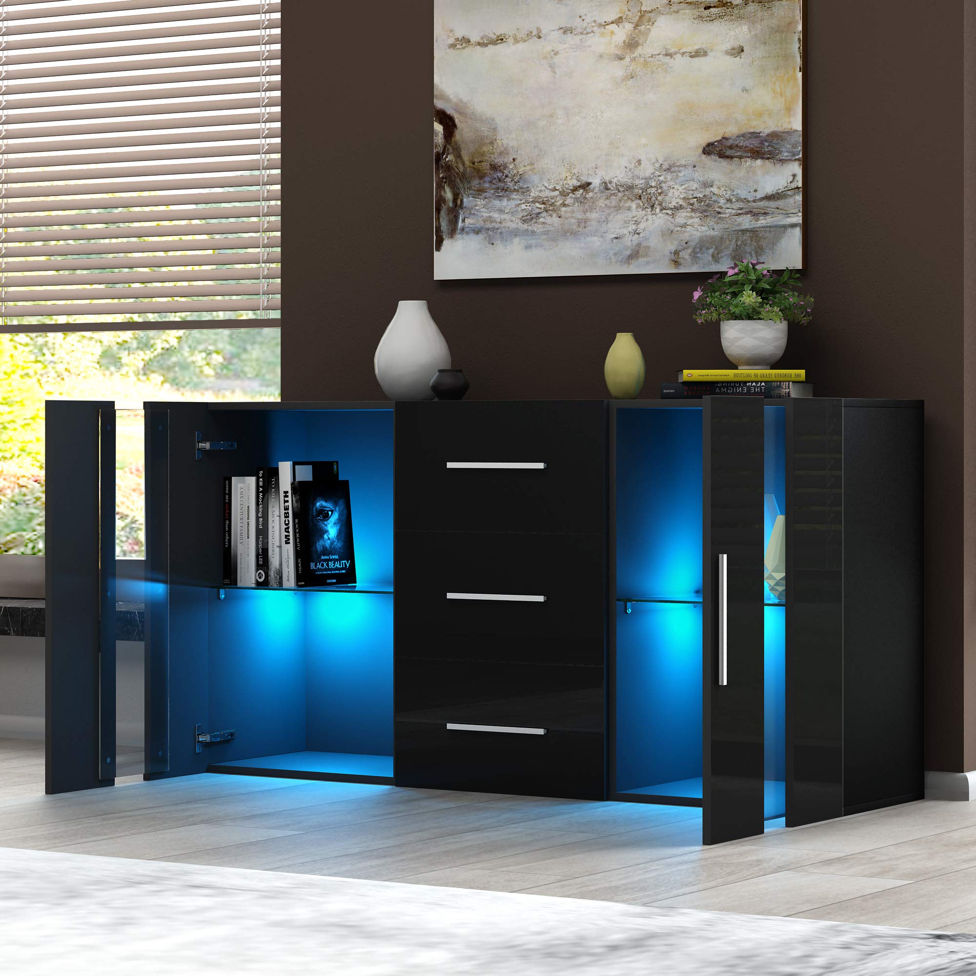Modern Sideboard with High Gloss Front & RGB LED Lights - Storage Cabinet with Drawers & Doors for Living Room, Hallway - Black (Perfect for Home Decor & Entertainment Setup)