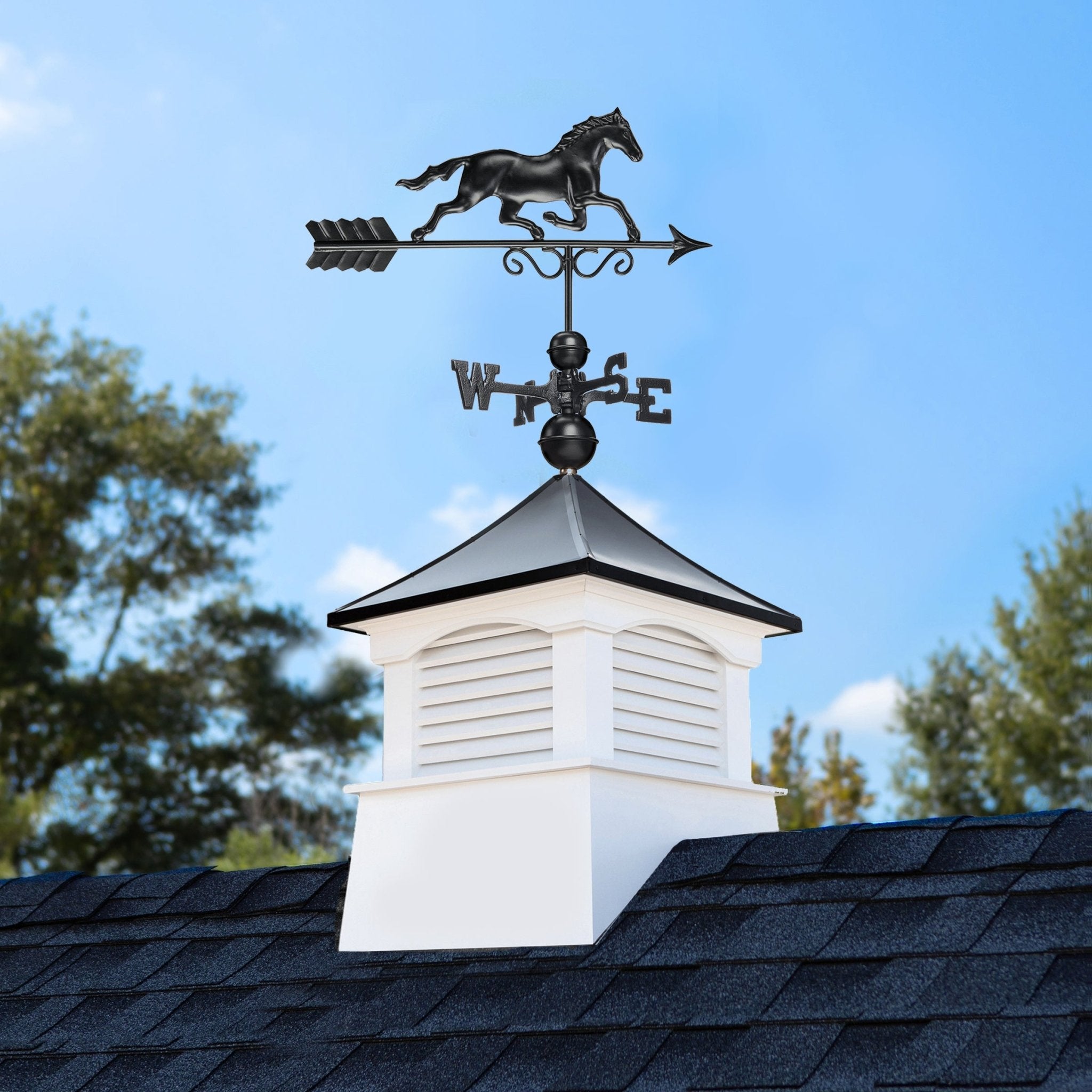 18 Square Coventry Vinyl Cupola with Black Aluminum Roof & Horse Weathervane - Perfect for Barn, Shed, or Garage Decoration