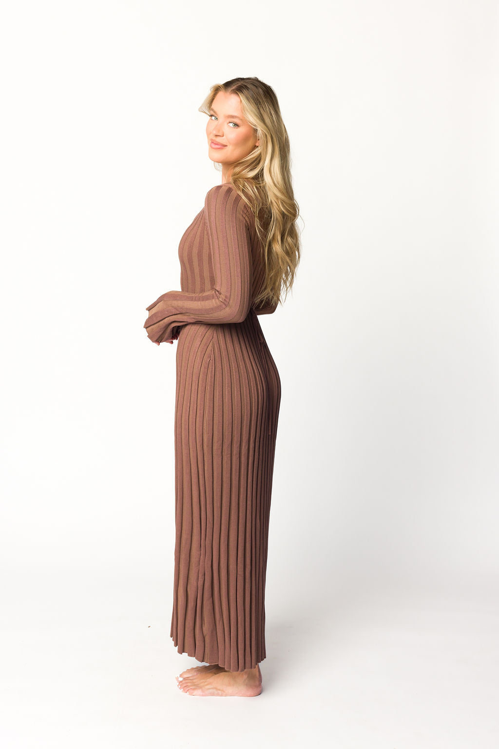 Hadley Long Sleeve V Neck Knit Maxi Dress in Cocoa - Women's Elegant Casual Maxi Dress for Fall & Winter | Perfect for Office, Date Night & Holiday Parties