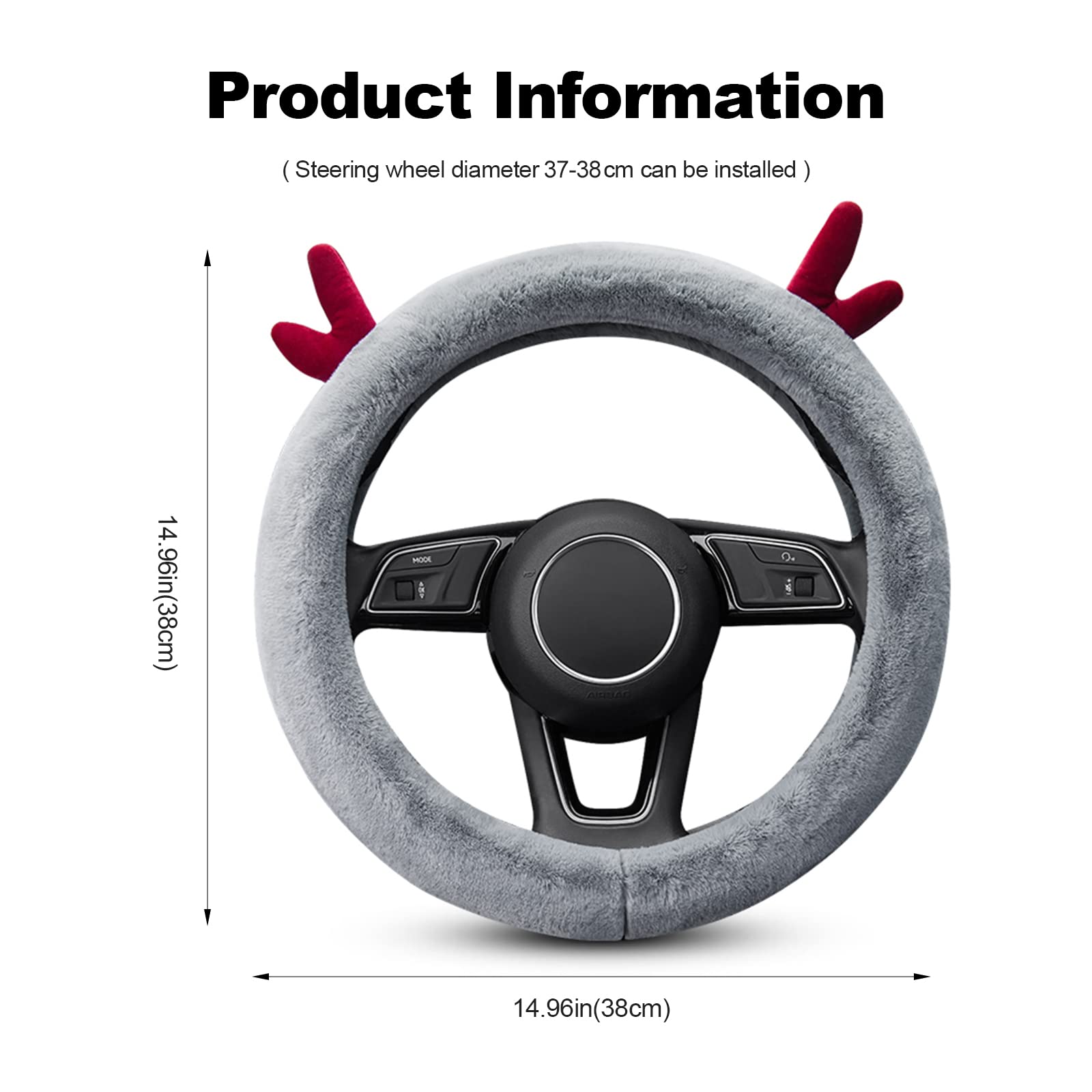 Ergocar Round Plush Steering Wheel Cover - Soft Anti-Slip Winter Car Accessory with Cute Cartoon Antler Design, 15 Inch (38cm) Grey - Perfect for Cold Weather Driving & Stylish Car Interior Upgrade