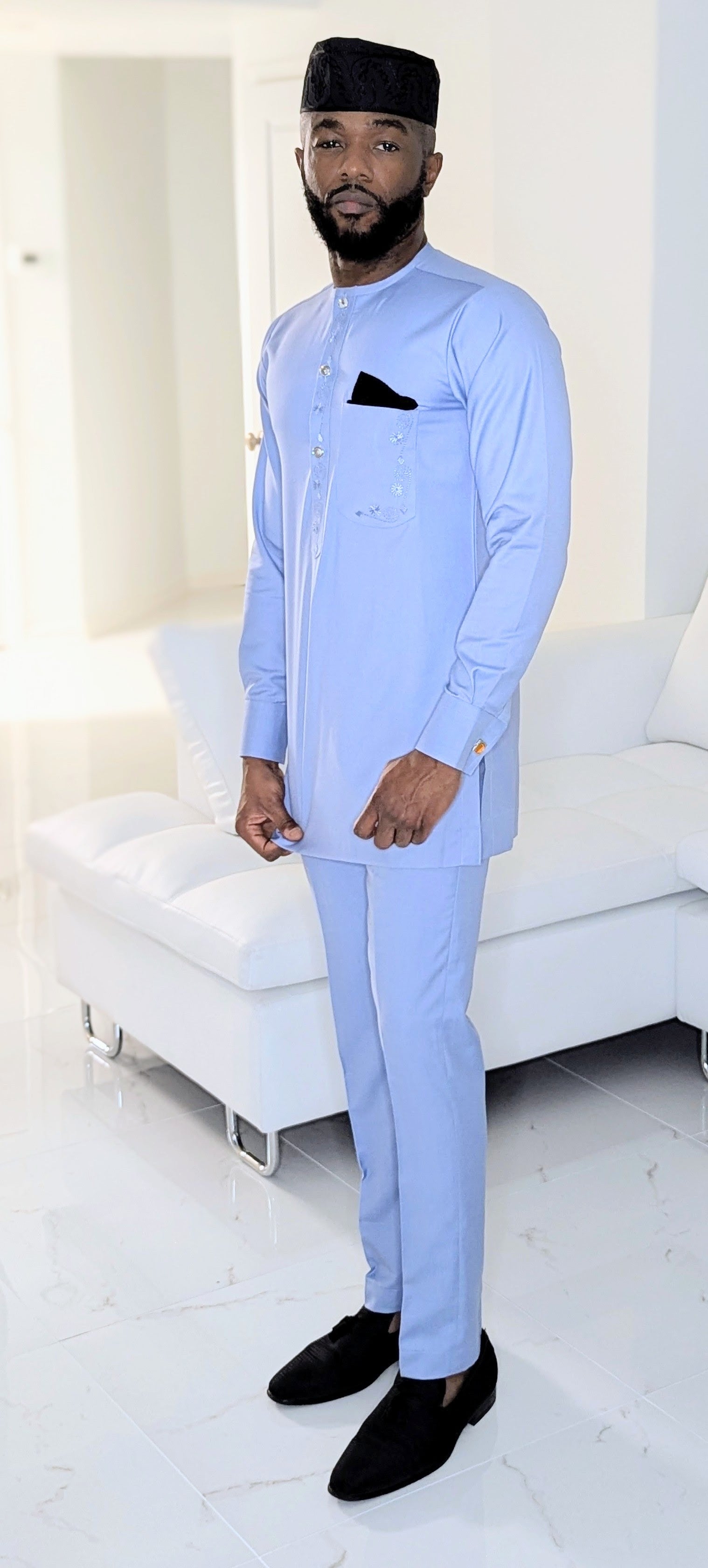 African Senator Dashiki Shirt & Pants Set - Blue Embroidered Long Sleeve Pullover with Matching Drawstring Waist Pants | Traditional Nigerian Attire for Men, Cultural Events, Weddings & Special Occasions