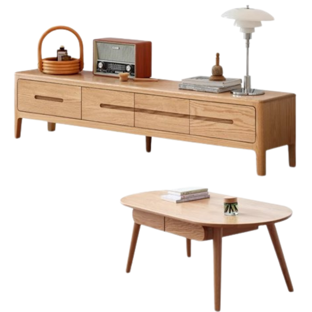78.7x13.8x15.4 inch/ 200.4x35.2x39.5сm/ Natural Wood color/ TV cabinet with four drawers + capsule table with drawer