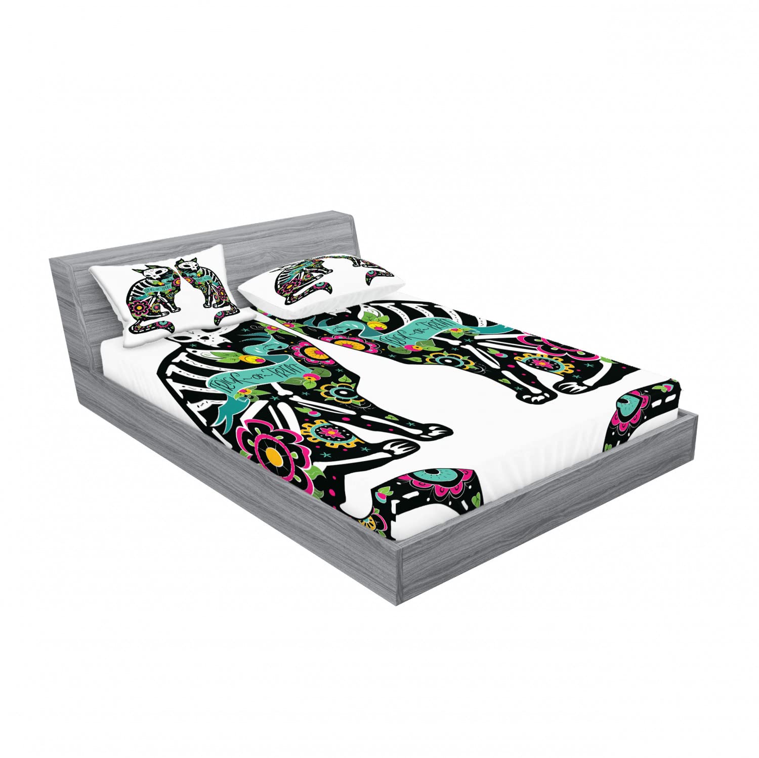 Ambesonne 2-Piece Queen Size Fitted Sheet Set with 4 Pillow Shams - Skeleton Cat Skull Pattern in Turquoise & White | Halloween Bedding Decor | Perfect for Spooky Themed Bedrooms & Gothic Home Decor