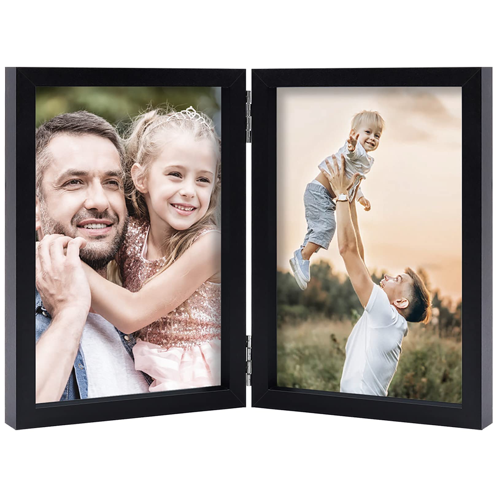 5x7 Double Picture Frames - Hinged MDF Wood with Real Glass - Tabletop Vertical Standing Photo Frame in Black - Perfect for Displaying Family Photos, Wedding Pictures, and Home Decor