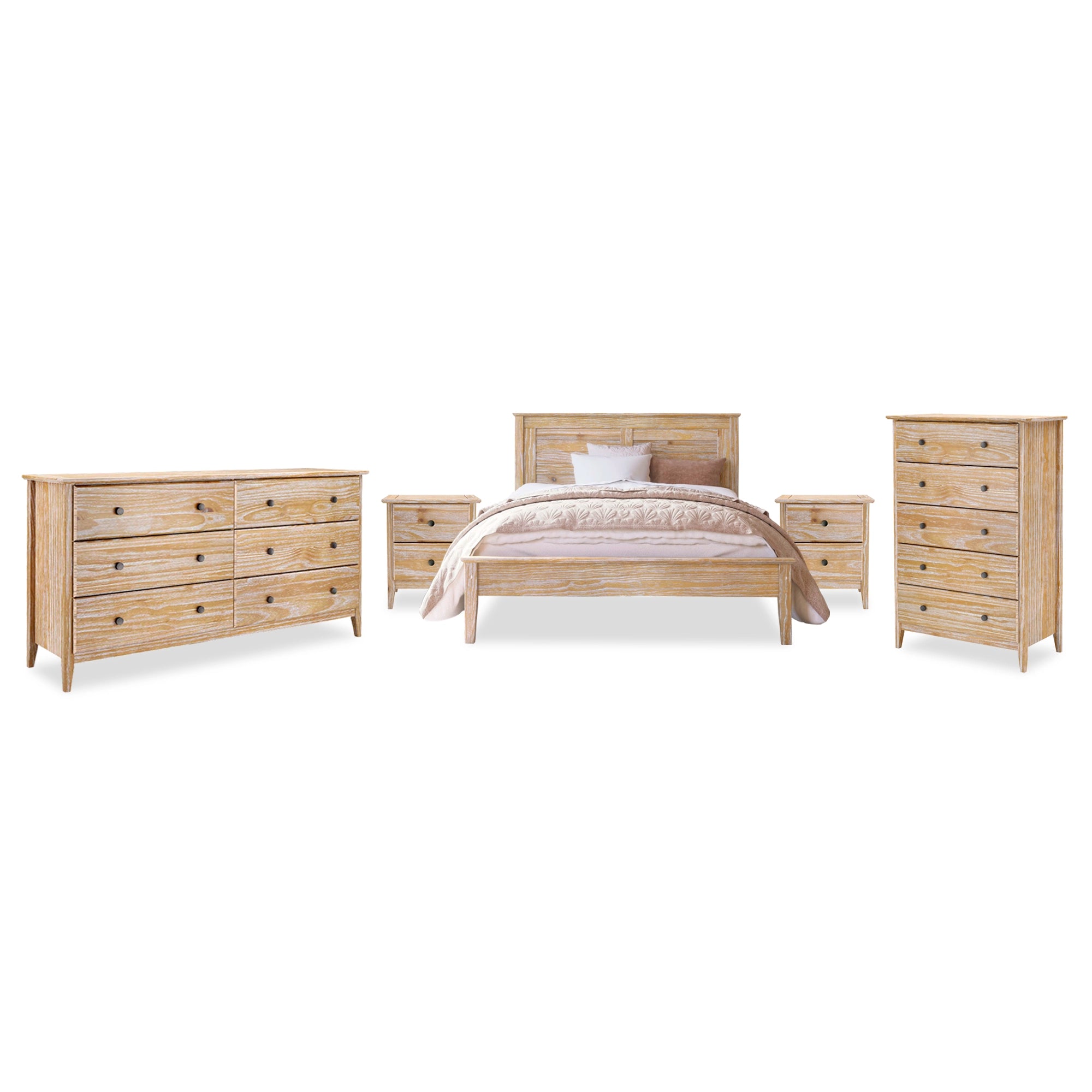 Greenport 5-Piece Bedroom Set - Queen Size Bed Frame, Nightstand, Dresser & Mirror - Modern Farmhouse Furniture for Master Bedroom or Guest Room