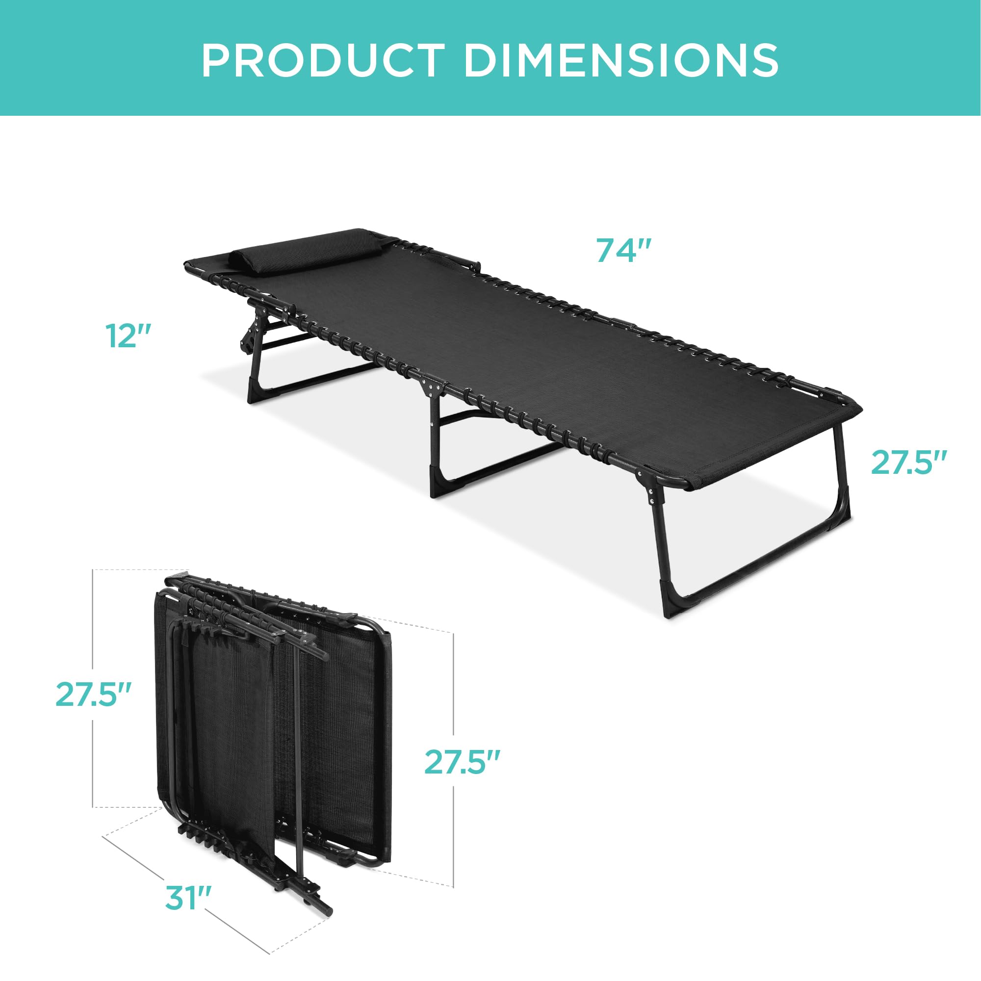 Best Choice Products Patio Chaise Lounge Chair - Portable Outdoor Folding Recliner for Lawn, Garden, Pool & Beach - 8 Adjustable Positions, Sturdy Handles, 300lb Weight Capacity - Black - Perfect for Relaxing, Sunbathing & Outdoor Lounging