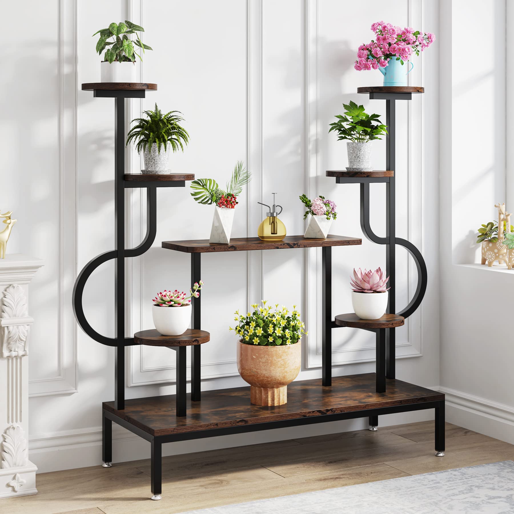 Tribesigns 8-Tier Metal Plant Stand - Tall Indoor/Outdoor Plant Shelf with Round & Square Boards for Multiple Plants - Rustic Brown & Black Flower Rack for Living Room, Patio, Balcony - Perfect for Home Decor, Garden Display & Small Space Organization
