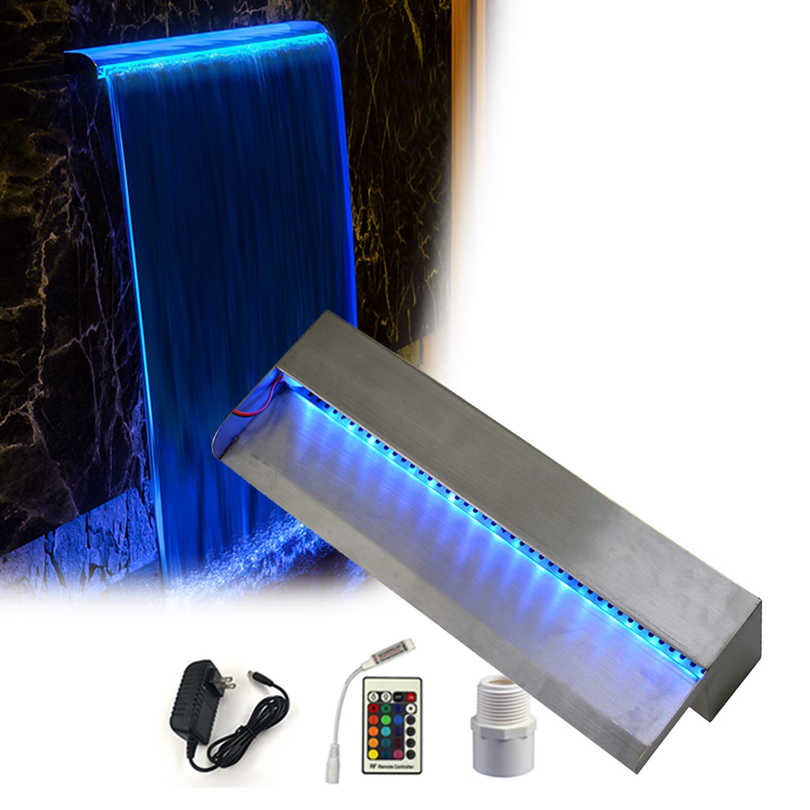 61cm LED Colorful Waterfall Spillway with Remote Control - Above Ground Pool Fountain, SPA & Garden Pond Water Curtain Wall for Outdoor Decor & Relaxation