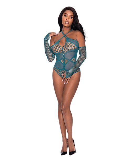 Seamless Long Sleeve Crotchless Teddy Lingerie for Women - Turquoise Blue Lace Bodysuit | Sexy Sleepwear & Boudoir Photo Shoot Outfit