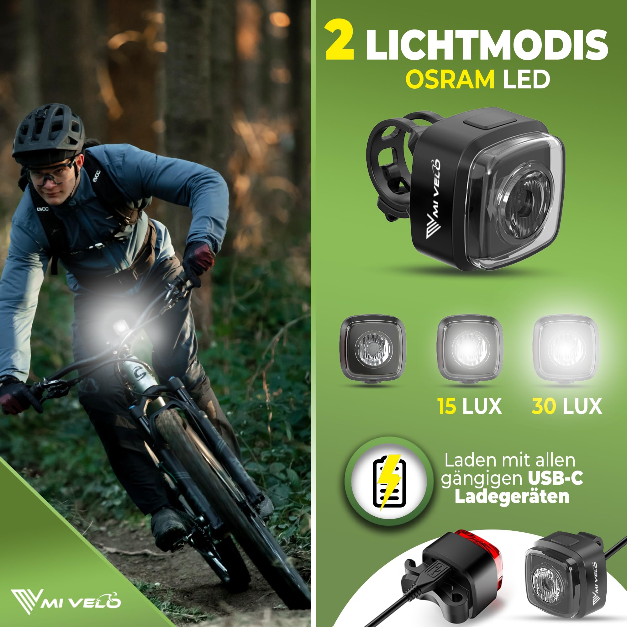 MIVELO Cube Bike Light Set - StVZO Approved USB Rechargeable & 100% Waterproof LED Front & Rear Bicycle Lights - Super Bright for Night Cycling, Commuting, and Outdoor Adventures