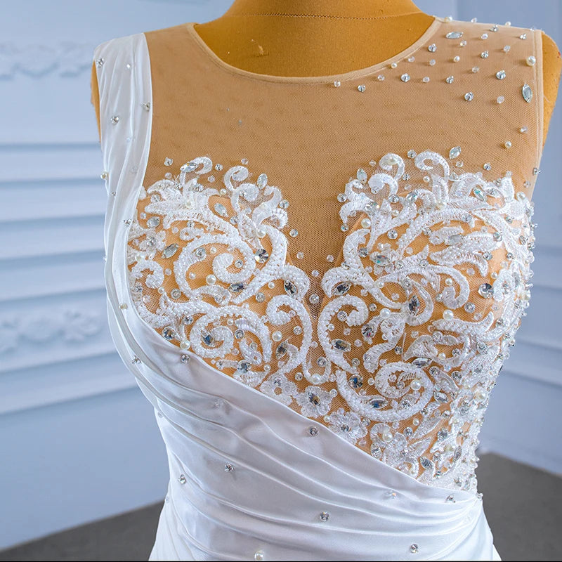 Elegant Crystal Mermaid Wedding Dress with Pearl Embellishments & Lace Detailing - Luxury Satin Sleeves for Brides - Perfect for Beach Weddings, Vow Renewals & Romantic Photoshoots