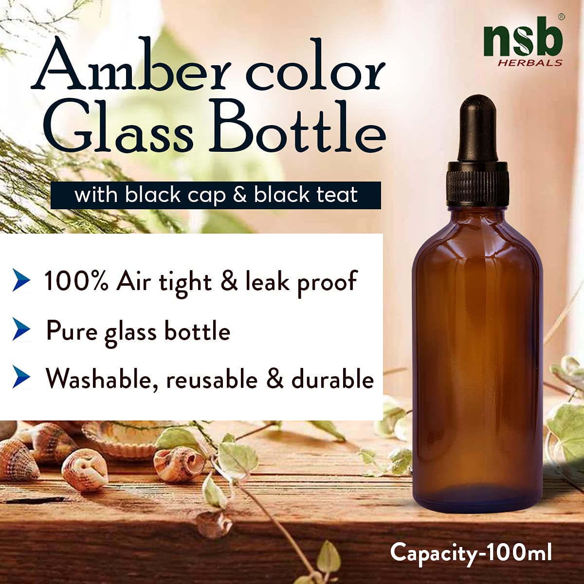 NSB Herbals 100ml Amber Round Empty Glass Bottle with Glass Dropper, Black Ring & Silicone Teat - Refillable Essential Oil, Perfume & Blend Container (Pack of 1) | Perfect for DIY Aromatherapy, Skincare & Natural Perfume Making