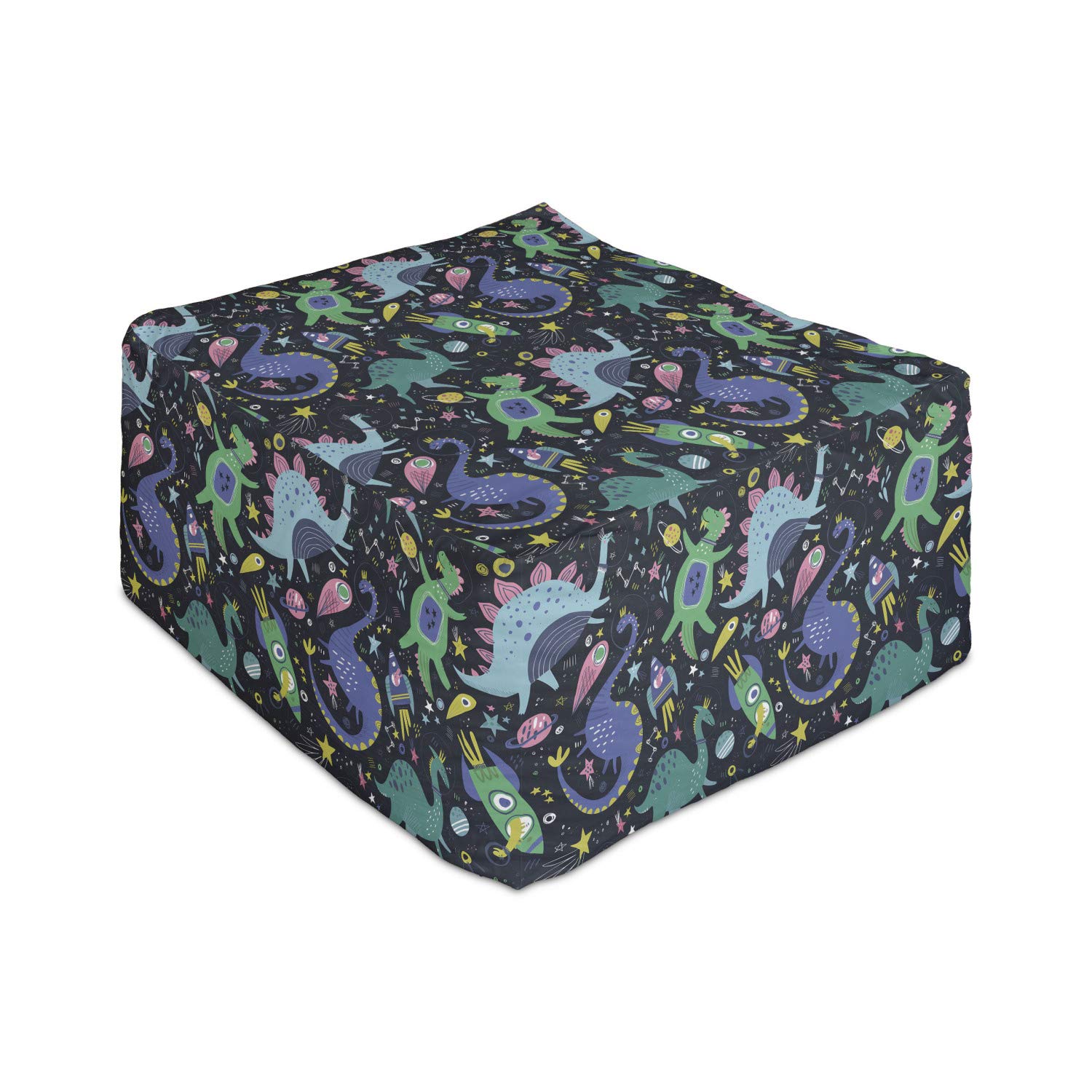 Ambesonne Dragon Rectangle Pouf Ottoman - Space Themed Hand Drawn Design with Universe, Ships, Dinosaurs & Planets - 25