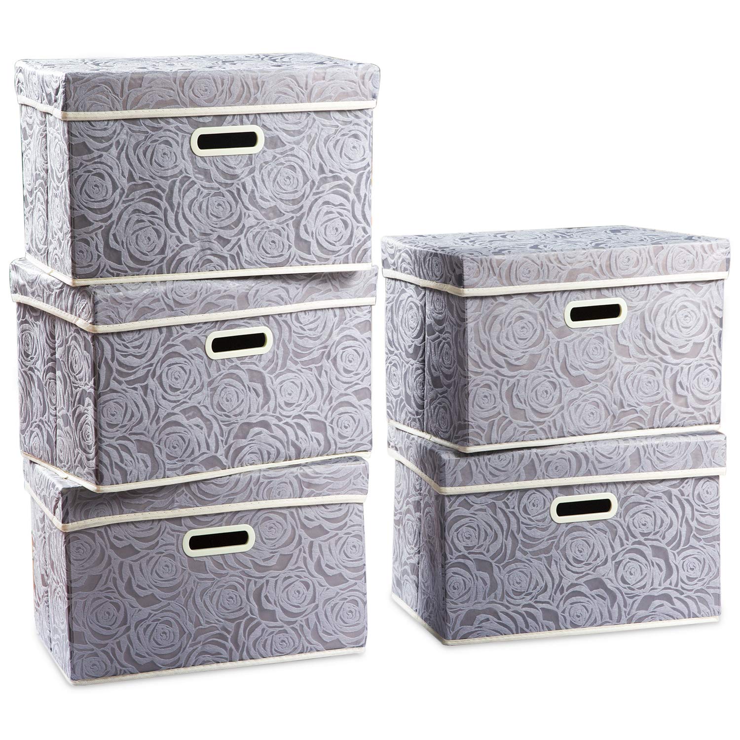 PRANDOM 5-Pack Foldable Fabric Storage Bins with Lids & Handles - 14.9x9.8x9.8 Inch Decorative Organizer Boxes for Bedroom, Closet & Living Room - Perfect for Clothes, Toys & Home Organization